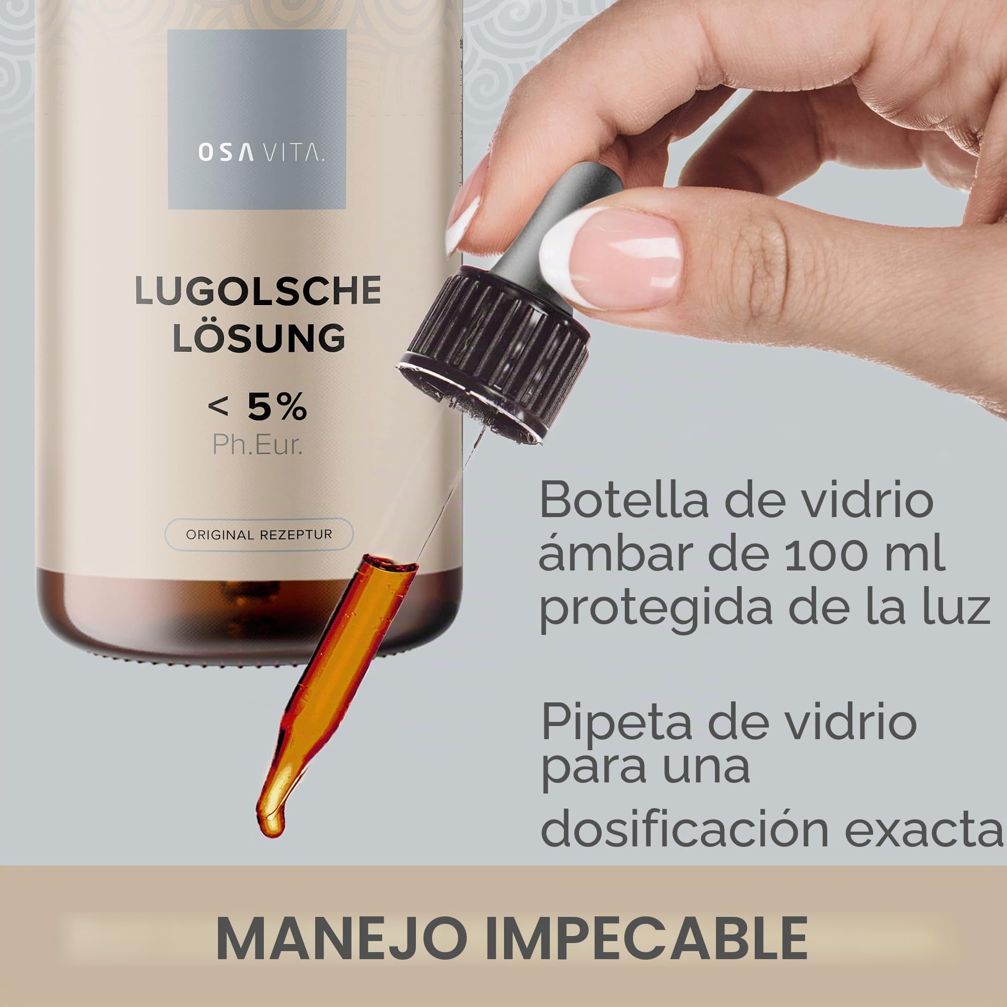 Solución Lugola < 5%, fórmula original fabricada en Alemania, pureza farmacéutica según la normativa europea con pipeta de cristal.