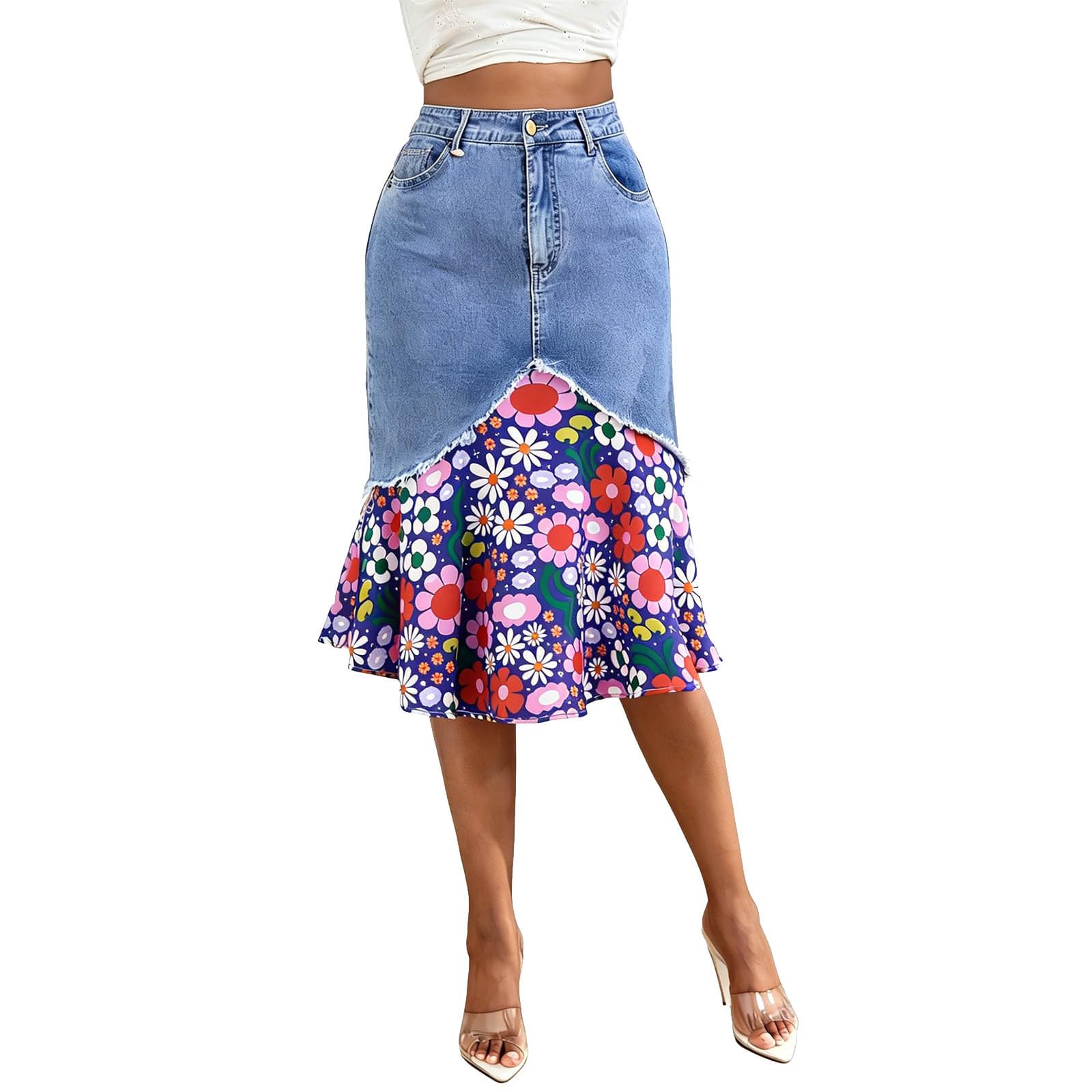 Jupe patchwork en denim imprimée à coupe asymétrique haute couture - 6