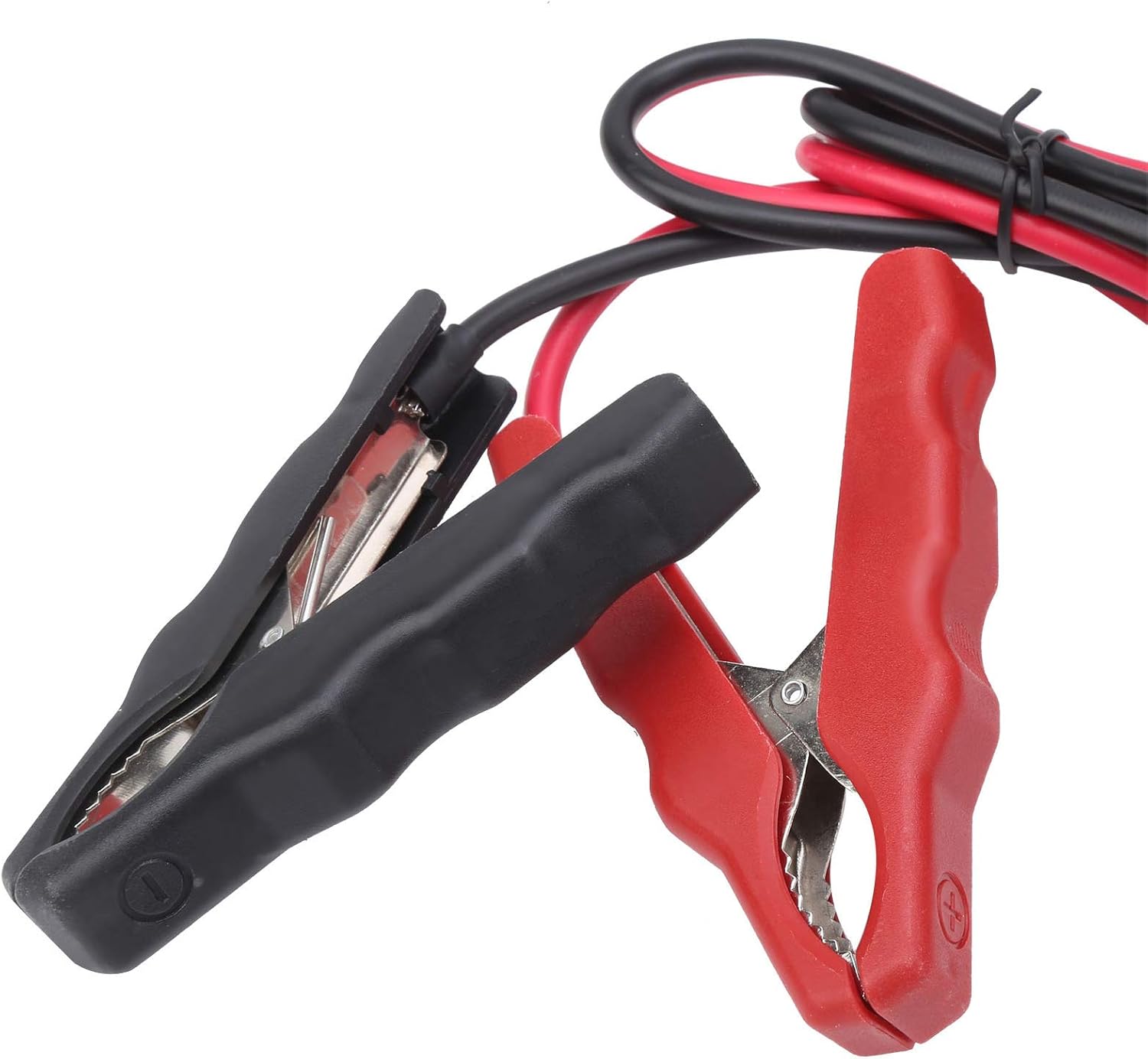 Close-up of red and black battery clamps
