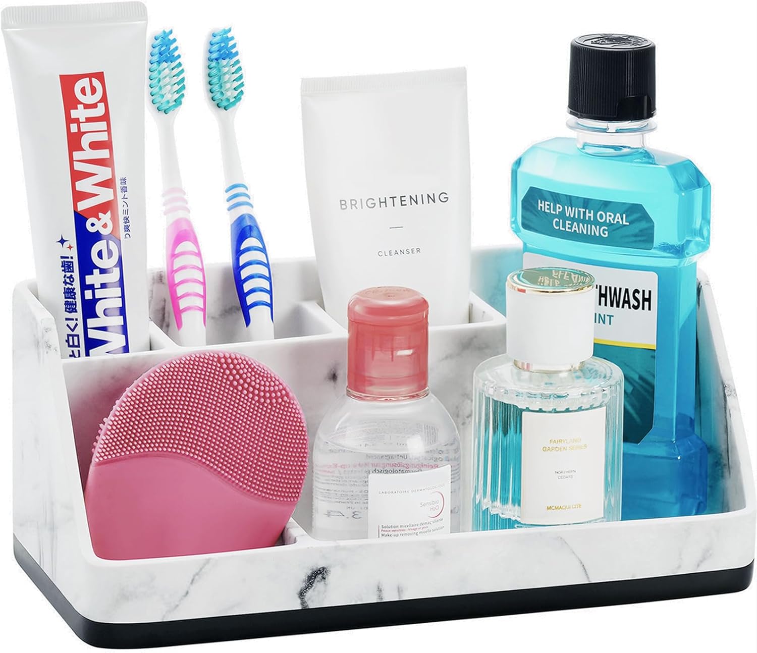 VITVITI Toothbrush Holder for Bathroom, Resin Bathroom Organizer Countertop Sink, Bathroom Counter Organizer Accessories 5 Compartment Storage for Toothpaste/Vanity, White Marble Color