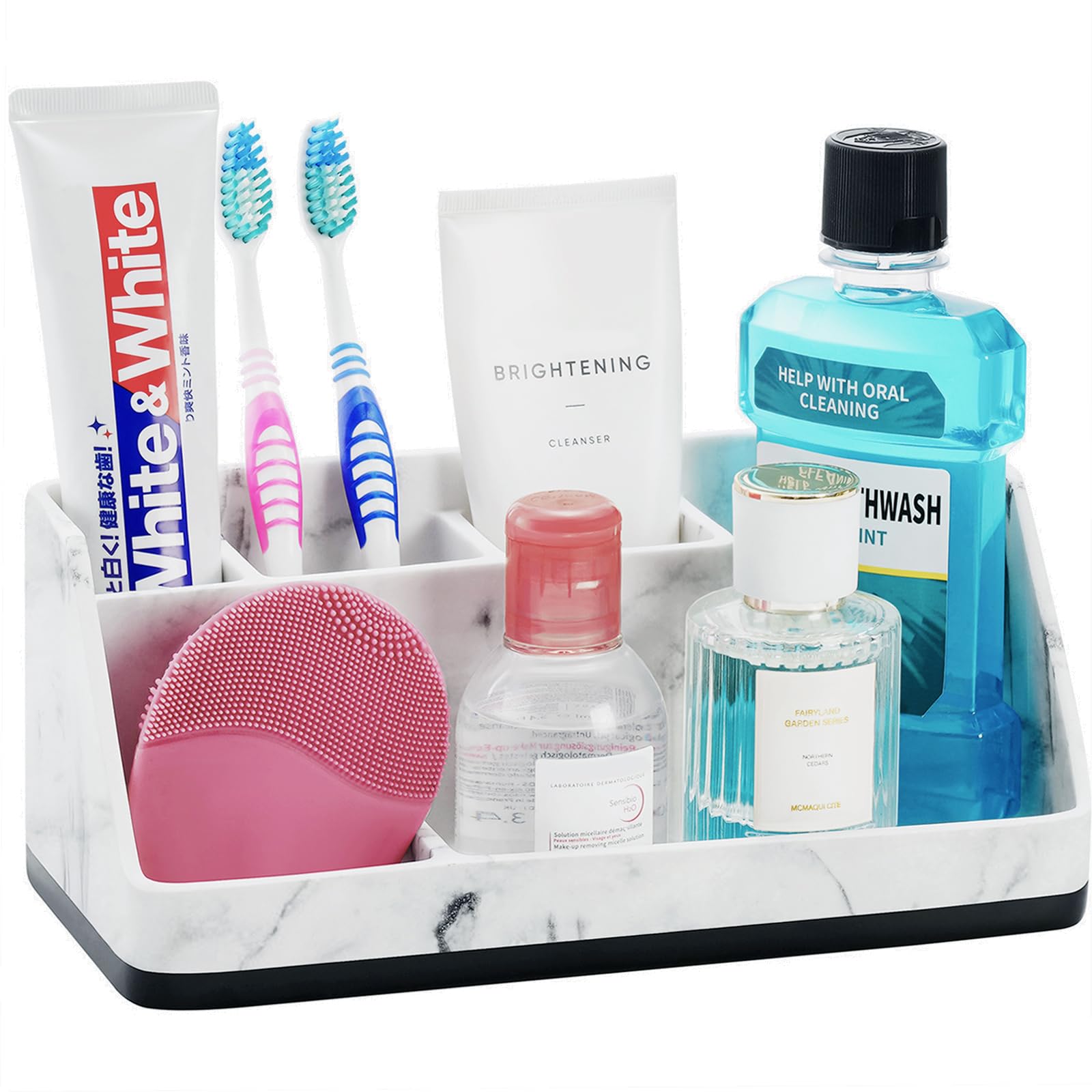 VITVITI Toothbrush Holder for Bathroom, Resin Bathroom Organizer Countertop Sink, Bathroom Counter Organizer Accessories 5 Compartment Storage for Toothpaste/Vanity, White Marble Color