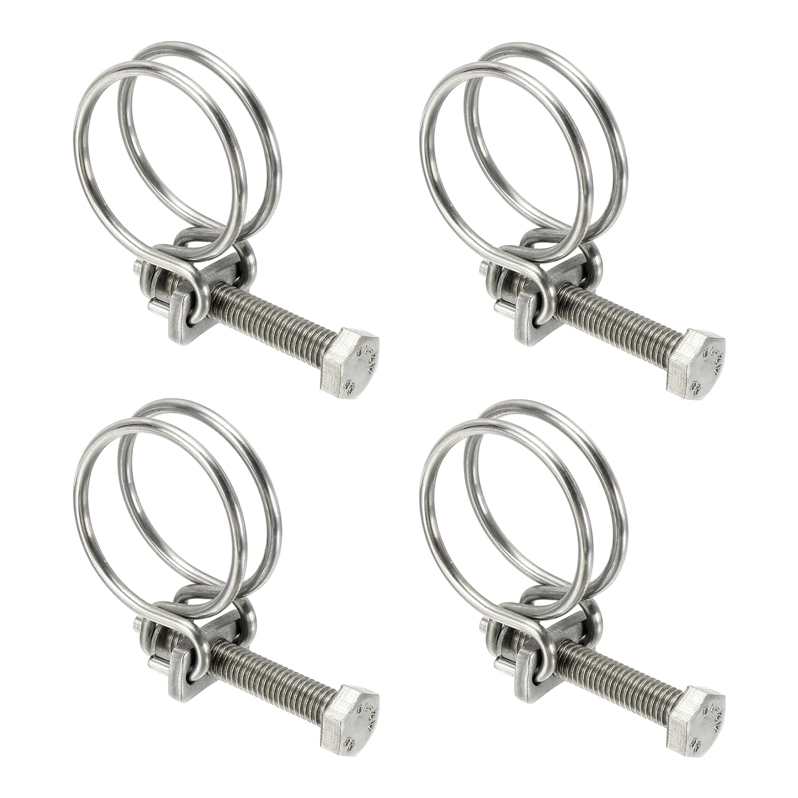 sourcing map 4 Pcs Double Wire Hose Clips 32-36 mm 304 Stainless Steel Adjustable Wire Pipe Tube Clamps with M8 Screw Plumbing Joint Fastener for Dust Collection Pool Pond, Silver