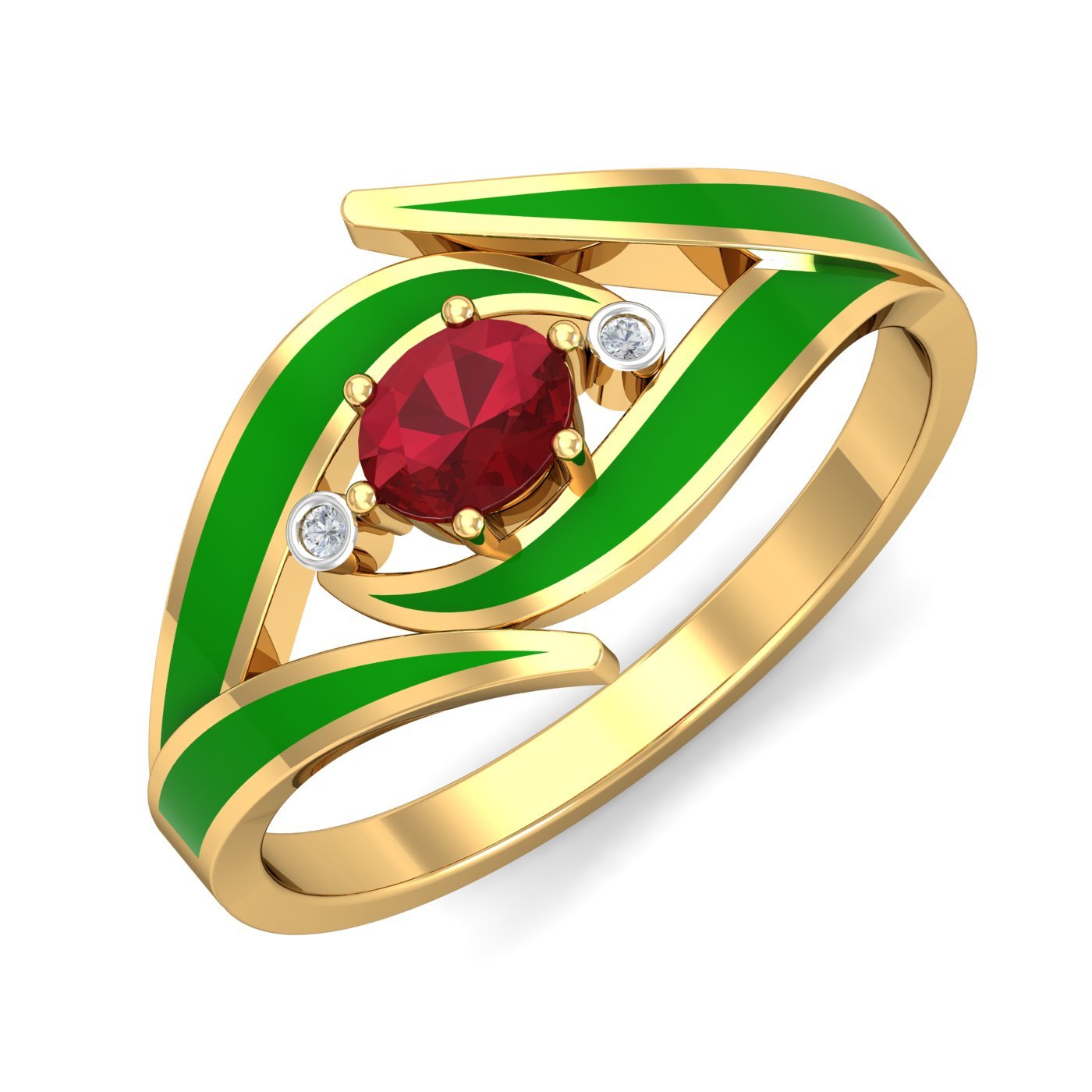 14KT Yellow Gold Flames Ruby Enamel Ring for Women-image-6