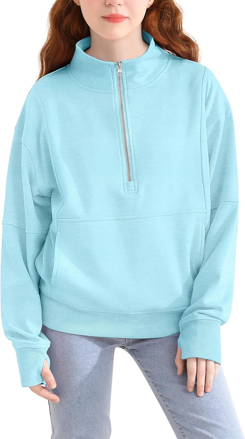 Girls Half Zip Sweatshirt Long Sleeve Zip Pullover Top with Thumb Hole Pocket Fall Winter for Teen Girls