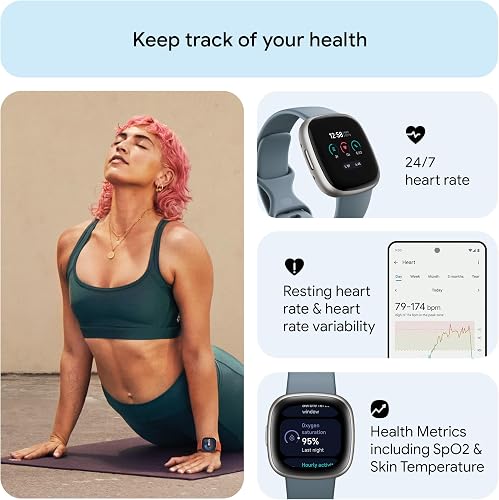 Google Fitbit Versa 4 Fitness Smartwatch with built-in GPS and up to 6 days battery life - compatible with iOS 15 or higher & Android OS 9.0 or higher, Waterfall Blue/Platinum - 6