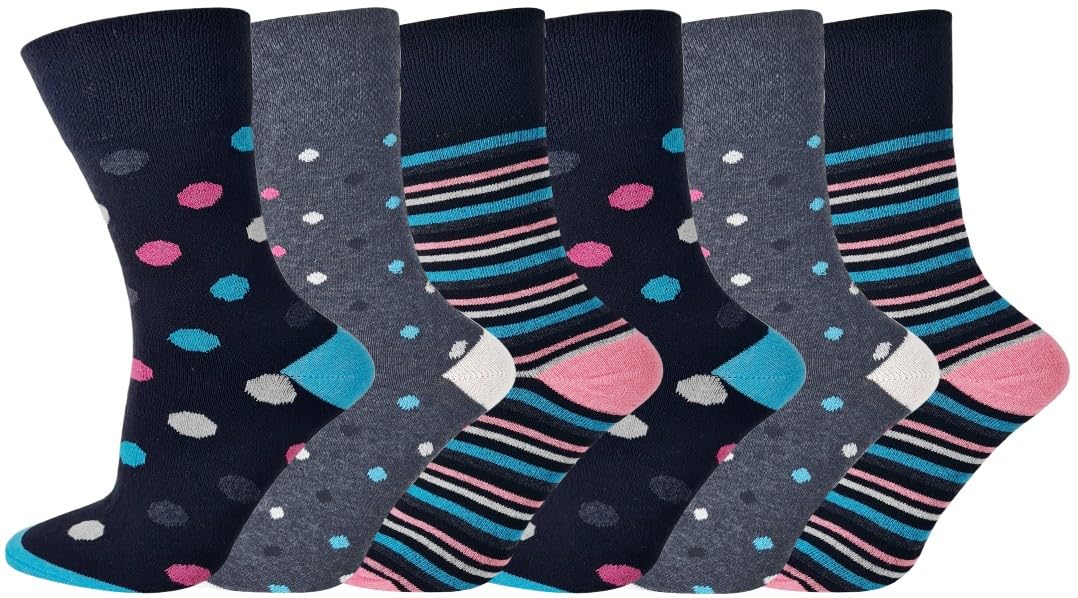SOCK-TEC 6 Pairs Ladies Non Elastic Socks Diabetic Friendly Soft Cotton Wide Loose Top Grip UK 4-8 (Option 7)