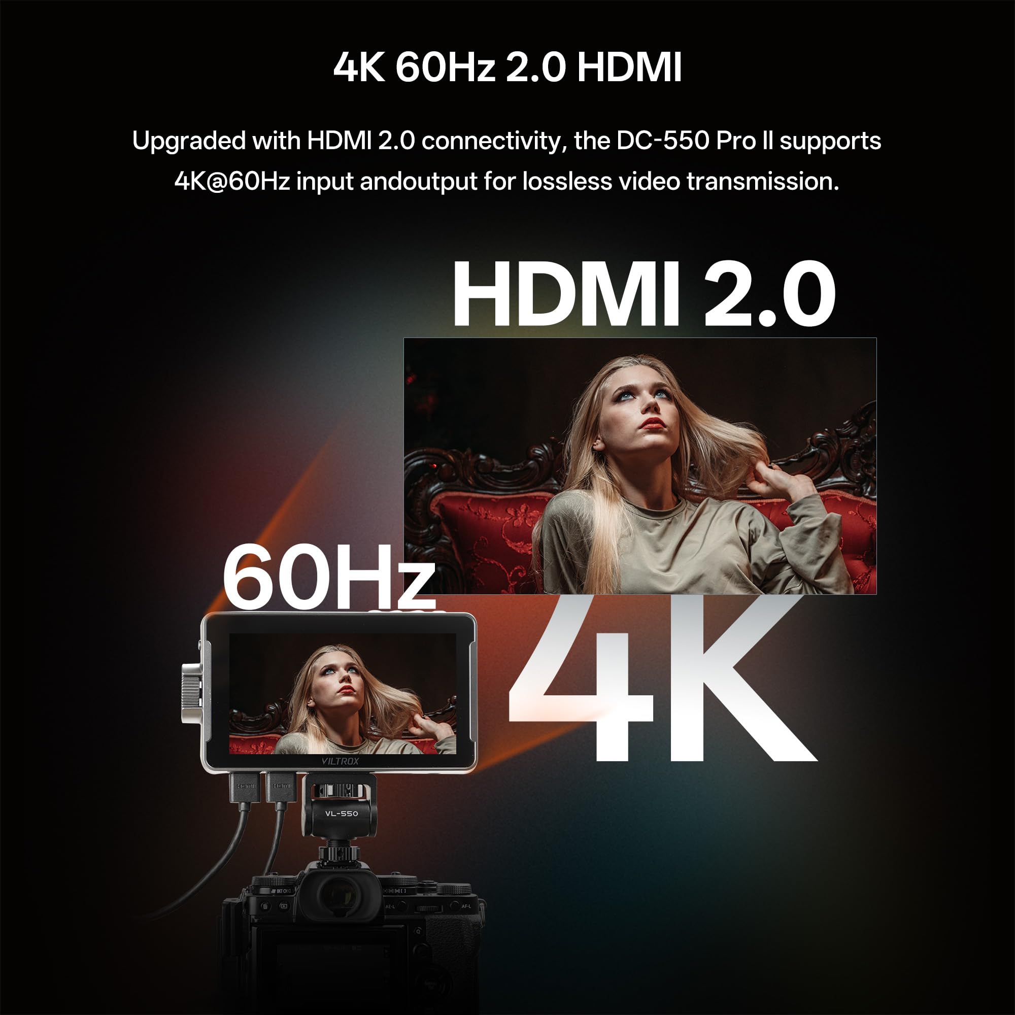 VILTROX DC-550 Pro II 5.5" 1400 nits Monitor polowy do kamery, dotykowy monitor wideo 4K @ 60 Hz HDMI 2.0 ze skórą cebuli, sterowanie kamerą USB/Wi-Fi, 3D LUT, żyroskop, De-Squeeze , kształt fali