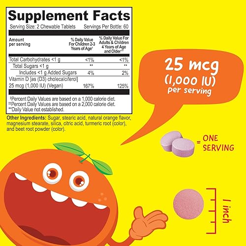 Miniatura 3 de Tabletas masticables de vitamina D de 1000 UI para niños, sabroso sabor natural a naranja, vegano, sin OMG, sin gluten, vitaminas sin nueces,
