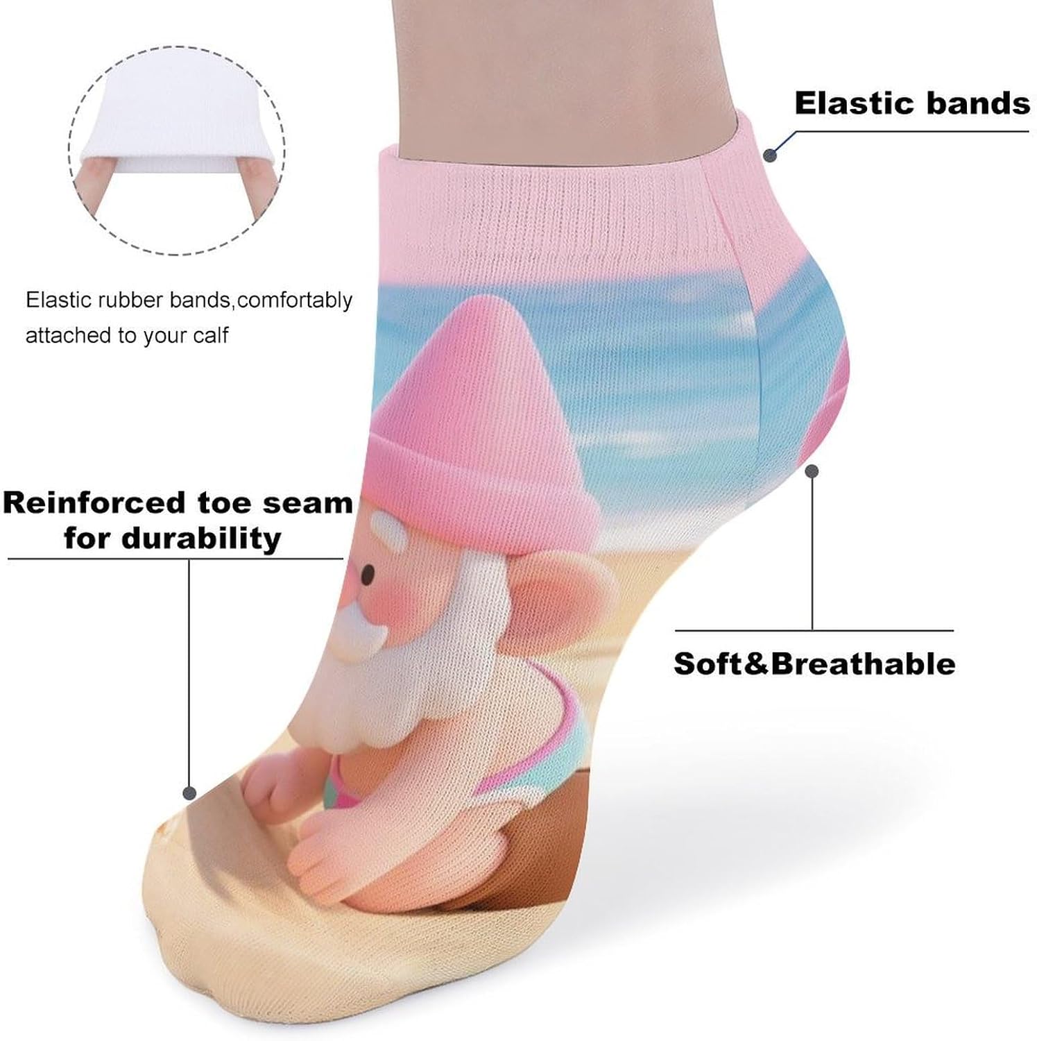 5 Pairs Crew Socks Breathable Athletic Quarter Cute Pink Gnomes Ankle Socks Moisture Wicking for Running Hiking