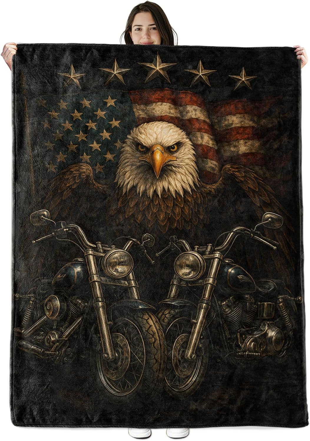 Patriotic Eagle Motorcycle Blanket Gifts for Boys Girls Kids, American Flag Bald Eagle Warm Soft Flannel Throw Blankets for Bedroom, Travel, Sofa, Room, Birthday Christmas Spring Decor, 50x60 in