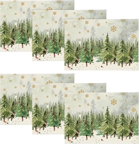Artoid Mode Juego de 6 manteles individuales de Navidad con diseño de copos de nieve y árboles de Navidad, 12 x 18 pulgadas, para decoración de
