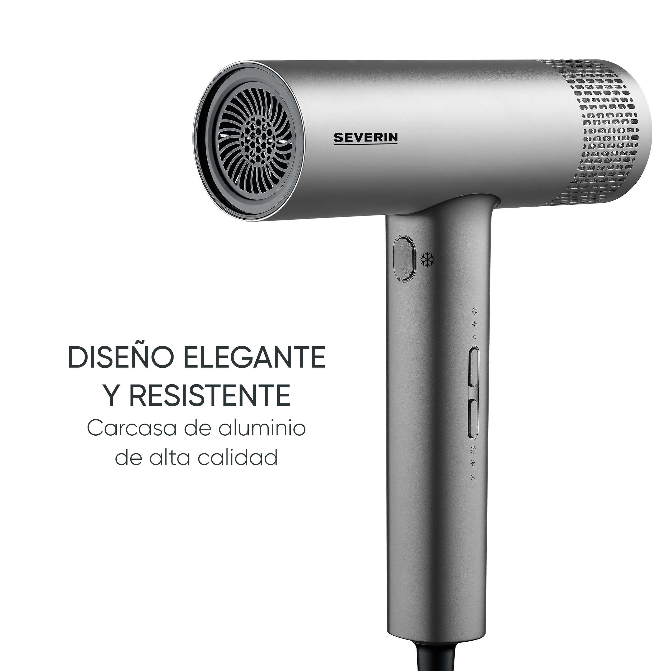SEVERIN Secador de pelo de alto rendimiento con motor BLDC y tecnología iónica, Secador de pelo con difusor magnético y concentrador, Potencia de 2.000 W, Gris, HT 0169