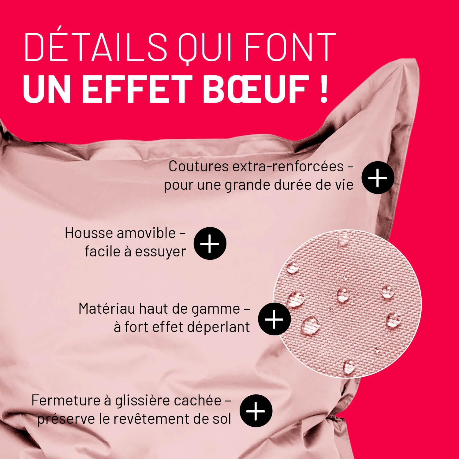 Lumaland Pouf géant XXL 140 x 180 cm | Coussin de couchage imperméable pour l'intérieur et l'extérieur avec plus de 3 millions de perles EPS adaptatives | Bean Bag avec housse lavable [Rose pastel]