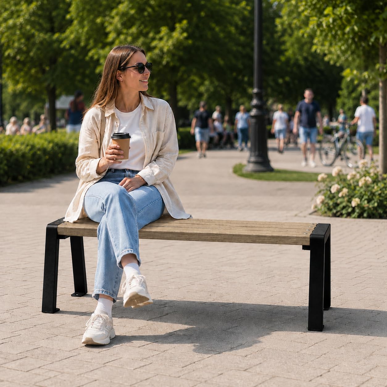 Panchina da Esterno Resistente alle Intemperie - Panca da Giardino in Legno di Abete Scandinavo Levigato, Metallo Verniciato a Polvere - Capacità 350kg (Moderno-BO Noce 125 cm,CE)