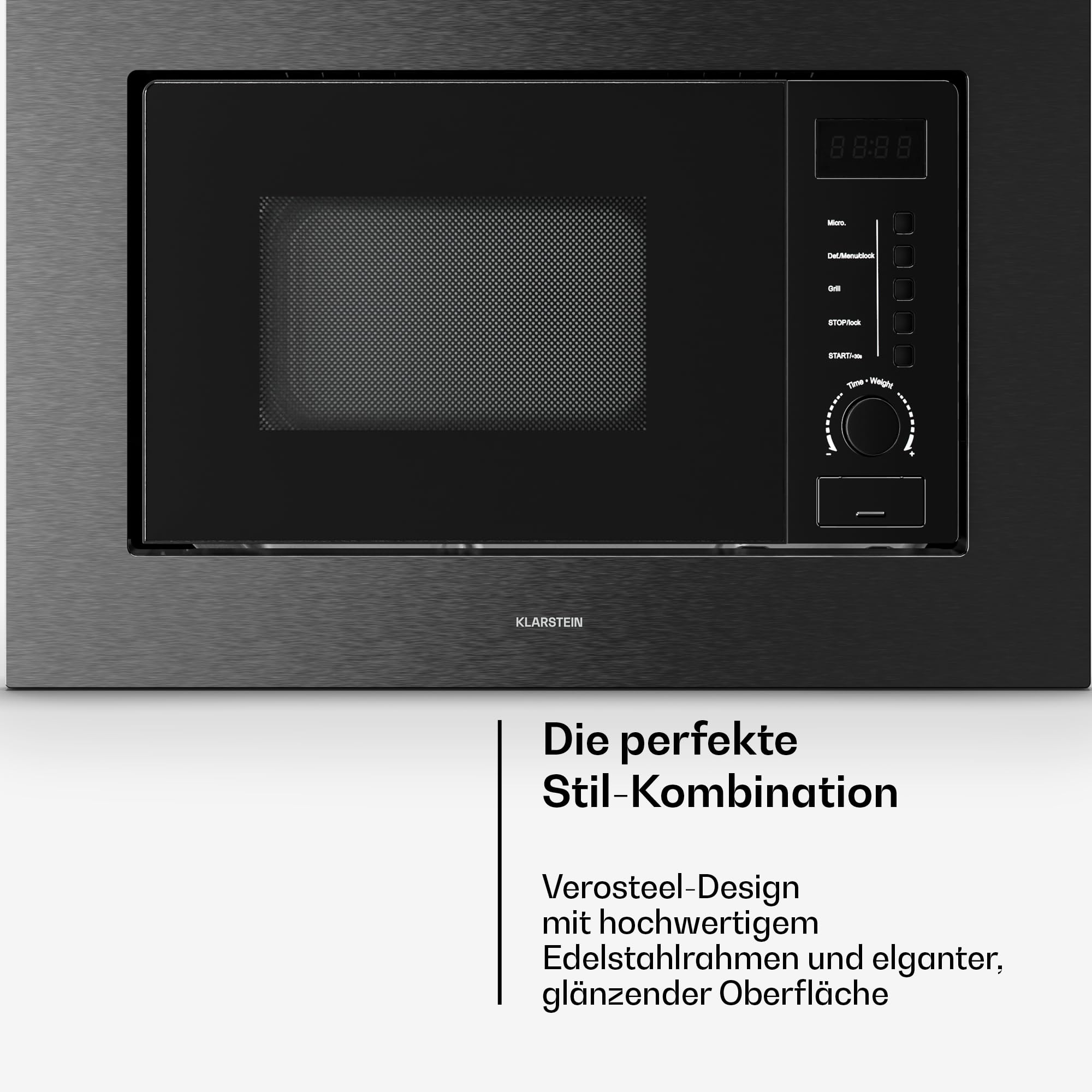 Klarstein Verosteel Einbaumikrowelle 60 cm mit Grill – 20L, 700W Mikrowelle & 800W Grill, 8 Programme, Touch-Bedienung, Edelstahl, Auftaufunktion, LED-Innenbeleuchtung, Schwarzer Edelstahl