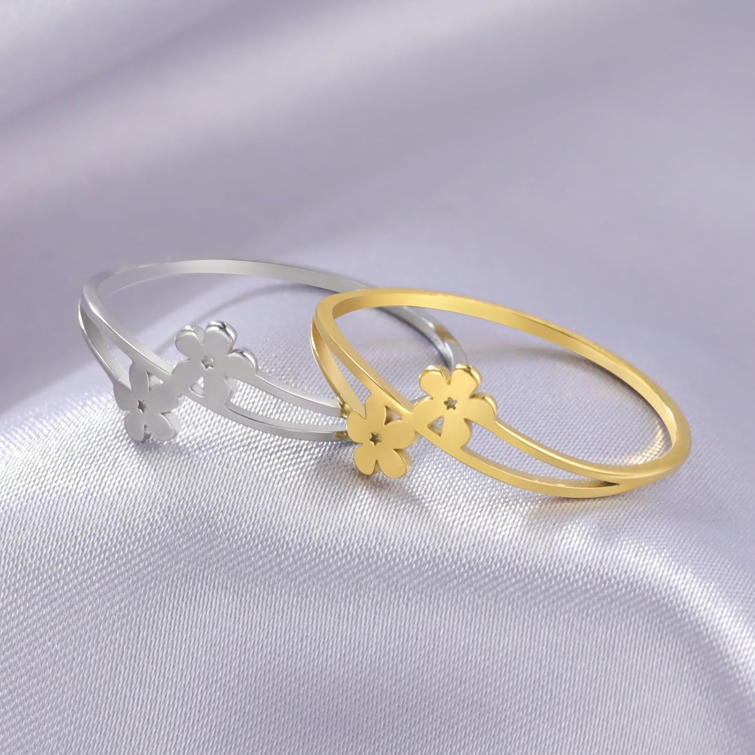 Minimalist Double flower Ring Gold, Silver Stainless Steel Accessories Size 7-11 Polished Jewelry Delicate Everyday Stackable Rings for Women - Image 5