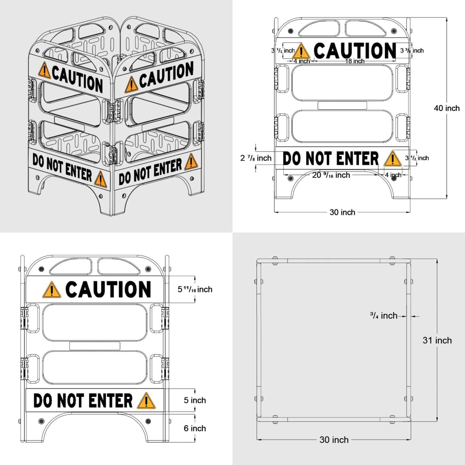 Barrière de sécurité pliable à 4 panneaux avec cadre en PVC robuste - Symbole d'avertissement - Clôture « DO NOT Enter »