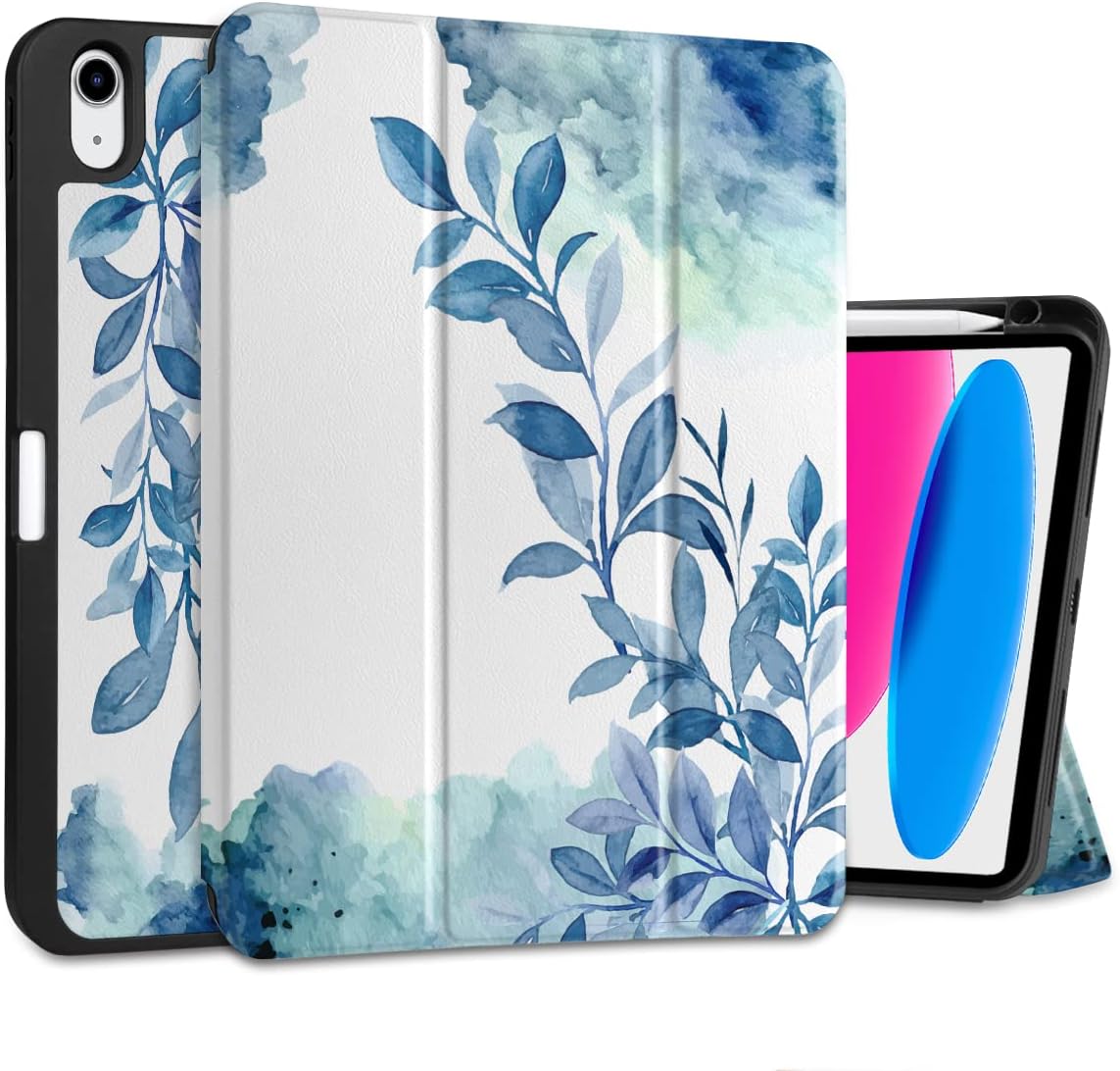 TWOLSKOO for iPad 10th Generation Case 10.9 inch 2022, [Built-in Pencil Holder, Support Auto Sleep/Wake] Trifold Stand Protective Rubberized Back Cover, Watercolor Blue Florals