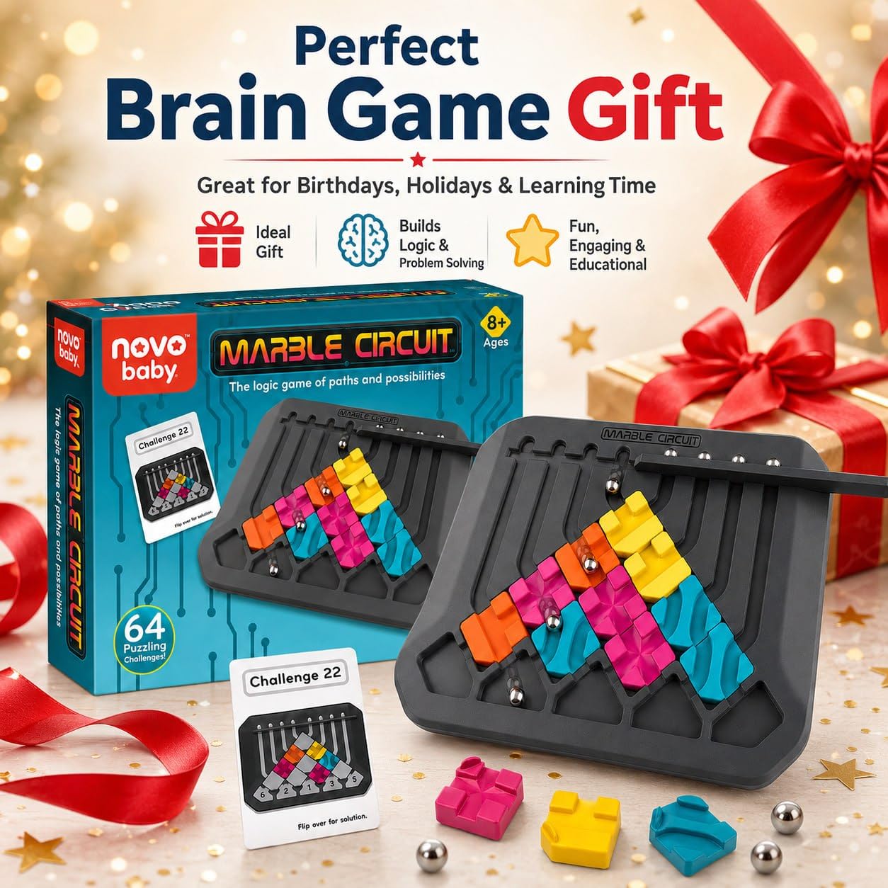 Novo Baby Marble Logic Puzzle Game for Kids 8+ Years | STEM Brain Teaser Circuit Challenge with 64 Challenge Cards & 24 Pieces | IQ Thinking Game, Educational Toy, Single Player Board Game 4