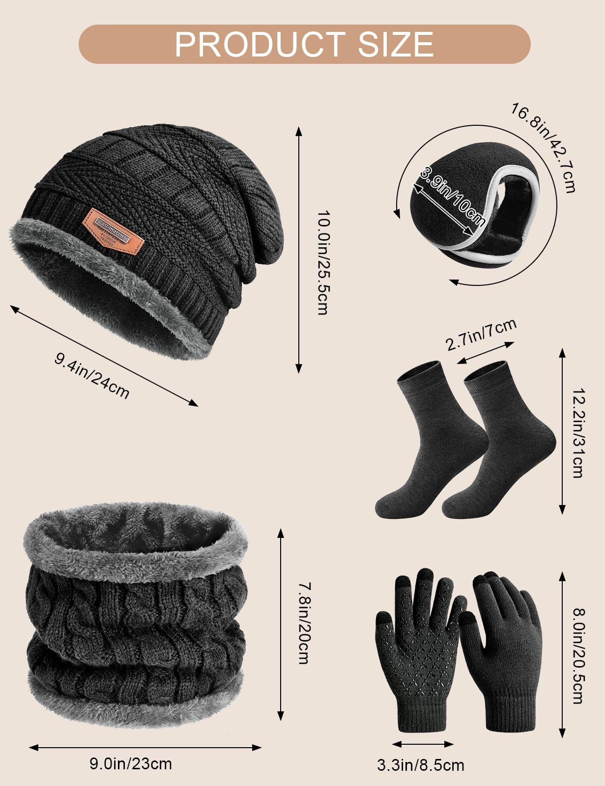 heekpek Set de Bufanda Gorro Guantes Orejeras y Calcetines Hombre de Punto Invierno Suave Térmico Conjunto de 5 Piezas para Hombre