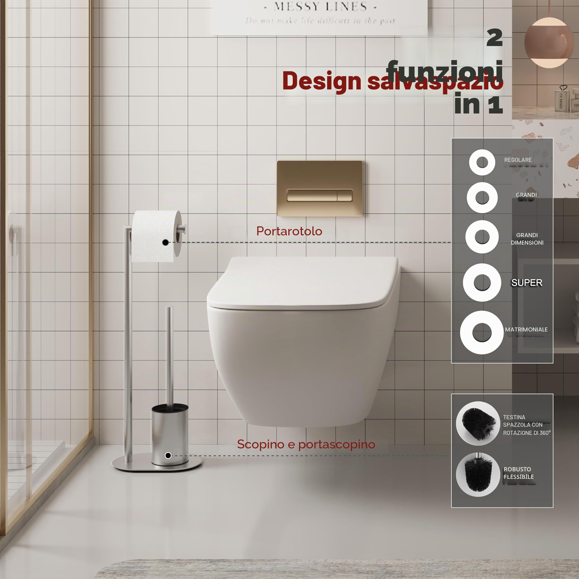 BVL Piantana Portarotolo e Scopino Spazzolato, Scopino WC con Porta Carta Igienica in Acciaio Inox, Porta Carta Igienica da Terra Scopino Bagno WC