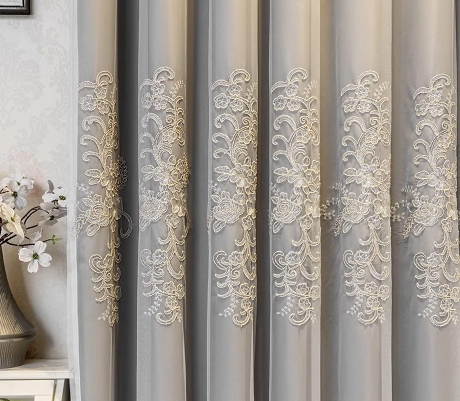 Zasłony 160 cm długość 2 panele, szare czarne rustykalne zasłony wiejskie poliester koronka haft dwuwarstwowy szer. 137 x dł. 160 cm
