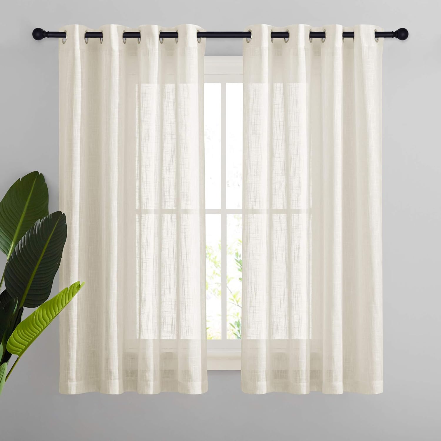 NICETOWN Light Beige Semi Sheer Curtains for Living Room, Ring Top Translucent Linen Textured Privacy with Light Filter Curtains Drapes for Bedroom/Nursery, W52 x L63, 2 PCs