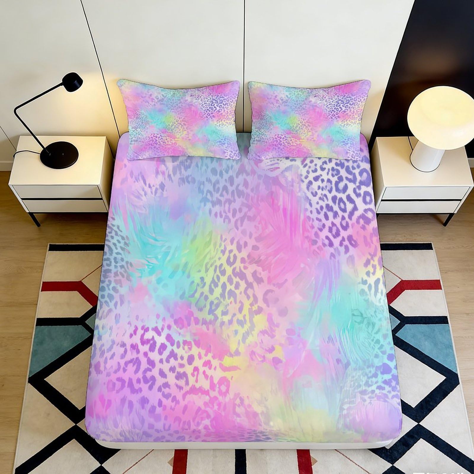 Dhbaneiok Style-2 3D Printed Rainbow Leopard Fitted Sheet Microfiber Soft Pastel Gradient Mattress Cover For Bedroom Dorm Decor 90X200x25cm