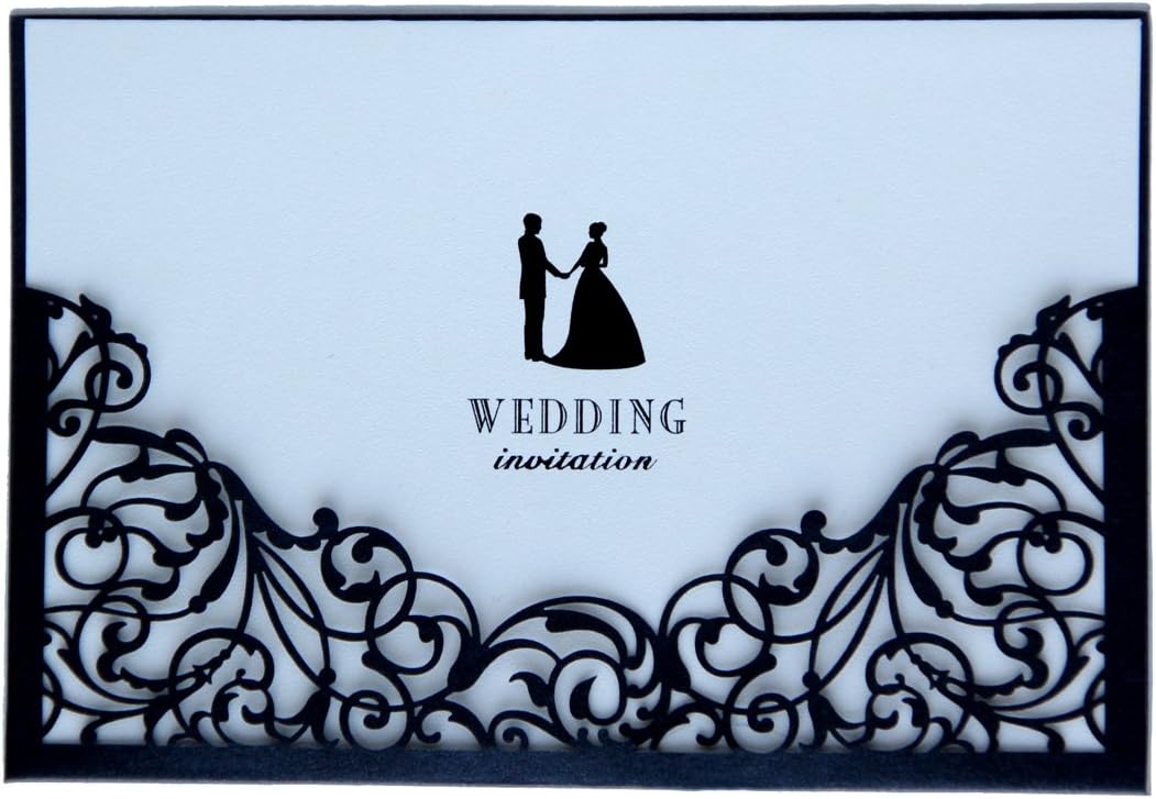 10 Black Laser Cut Wedding Invitations with Blank Insert Card and Envelope