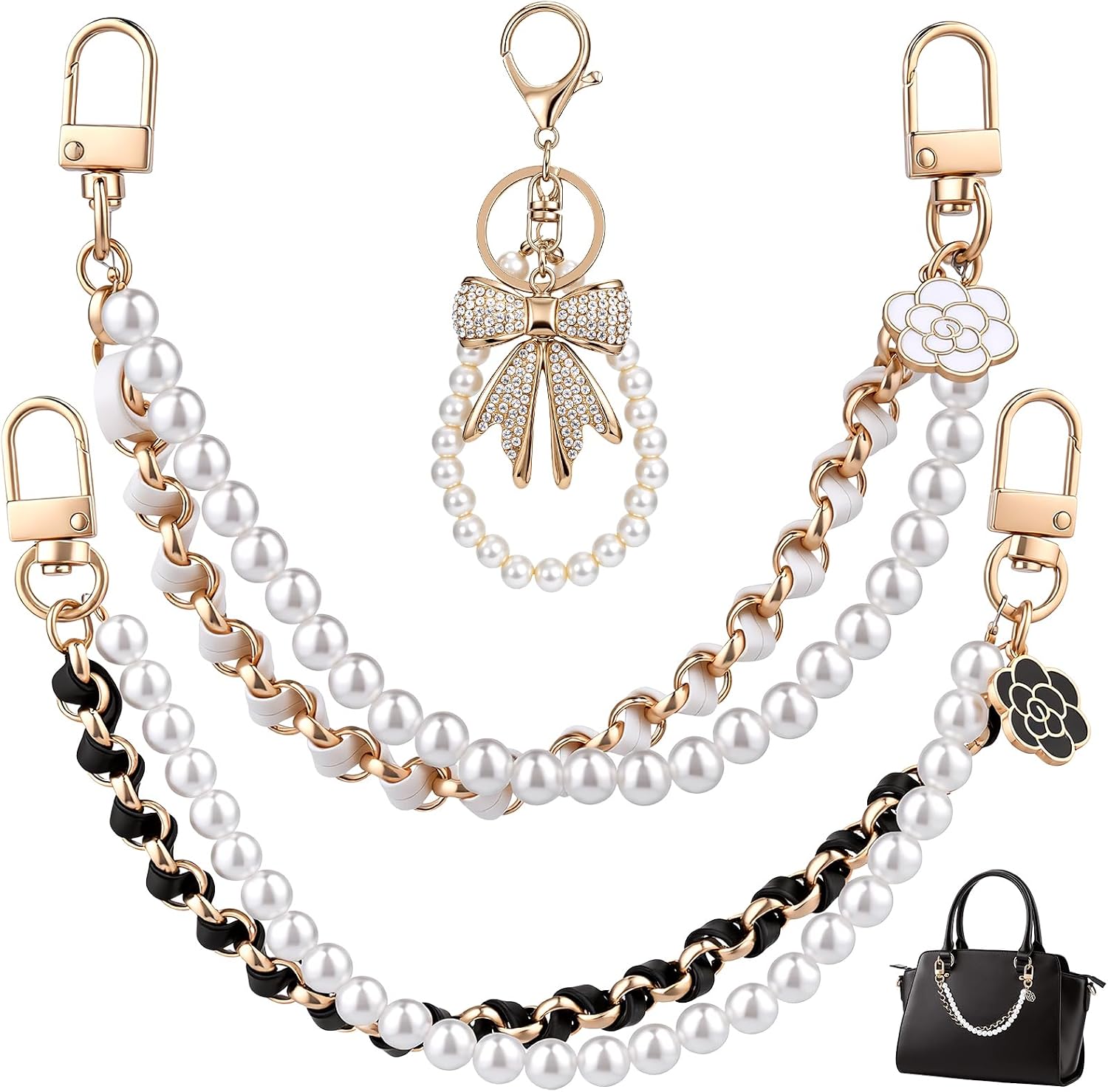 4-Piece Purse Charm Set — 2 Pearl Chains, White Rhinestone Bow Keychain & Gold-Tone Bag Chain, Cute Bag Charms for Handbags, Wallets & Crossbody Bags