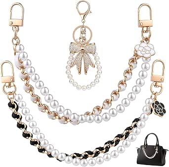 4-Piece Purse Charm Set with Pearl Chains, Rhinestone Bow Keychain, and Gold-Tone Bag Chain