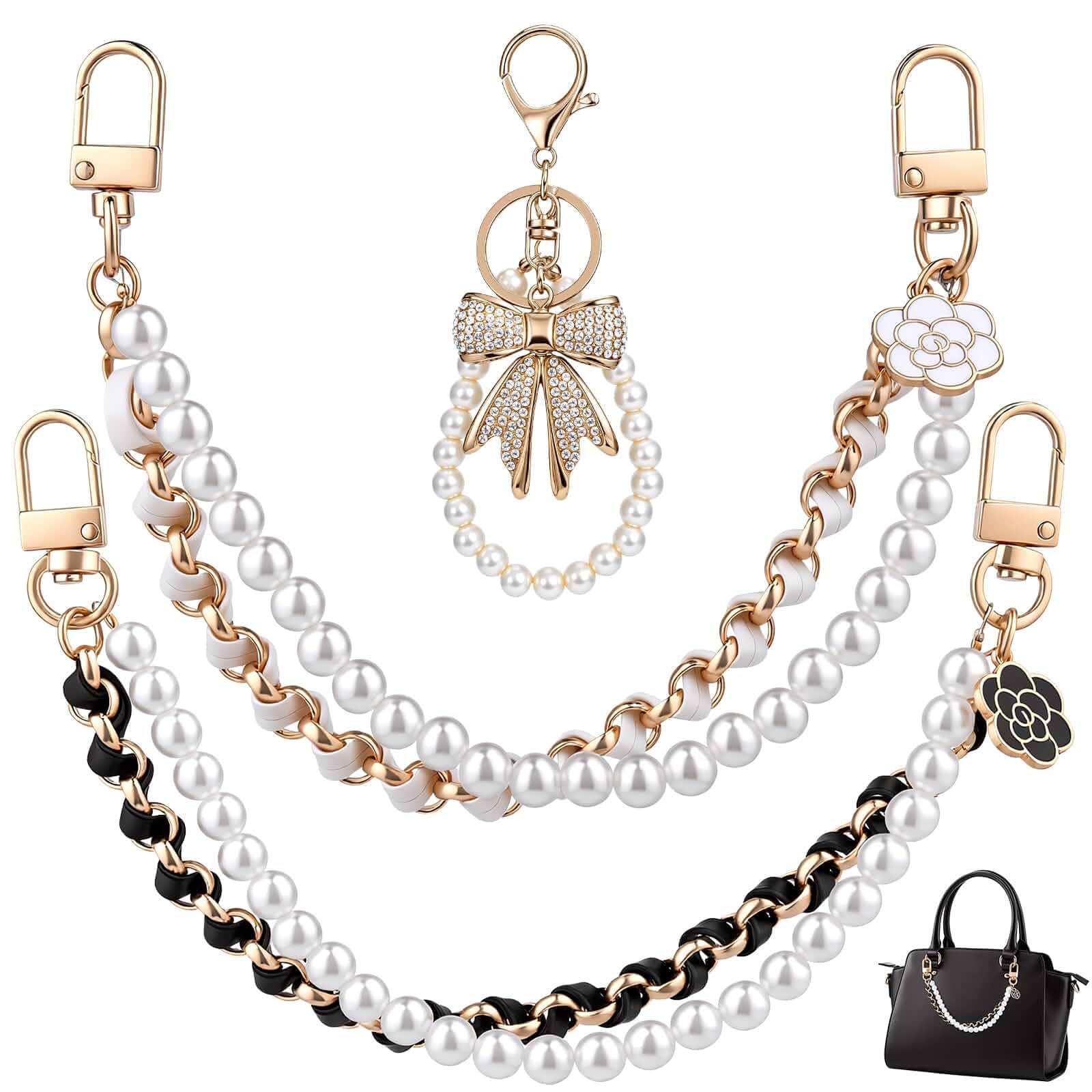 4-Piece Purse Charm Set — 2 Pearl Chains, White Rhinestone Bow Keychain & Gold-Tone Bag Chain, Cute Bag Charms for Handbags, Wallets & Crossbody Bags