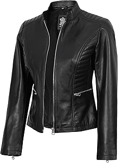 Leather Jacket Women - Cafe Racer Style Real Lambskin Womens Leather Jac...