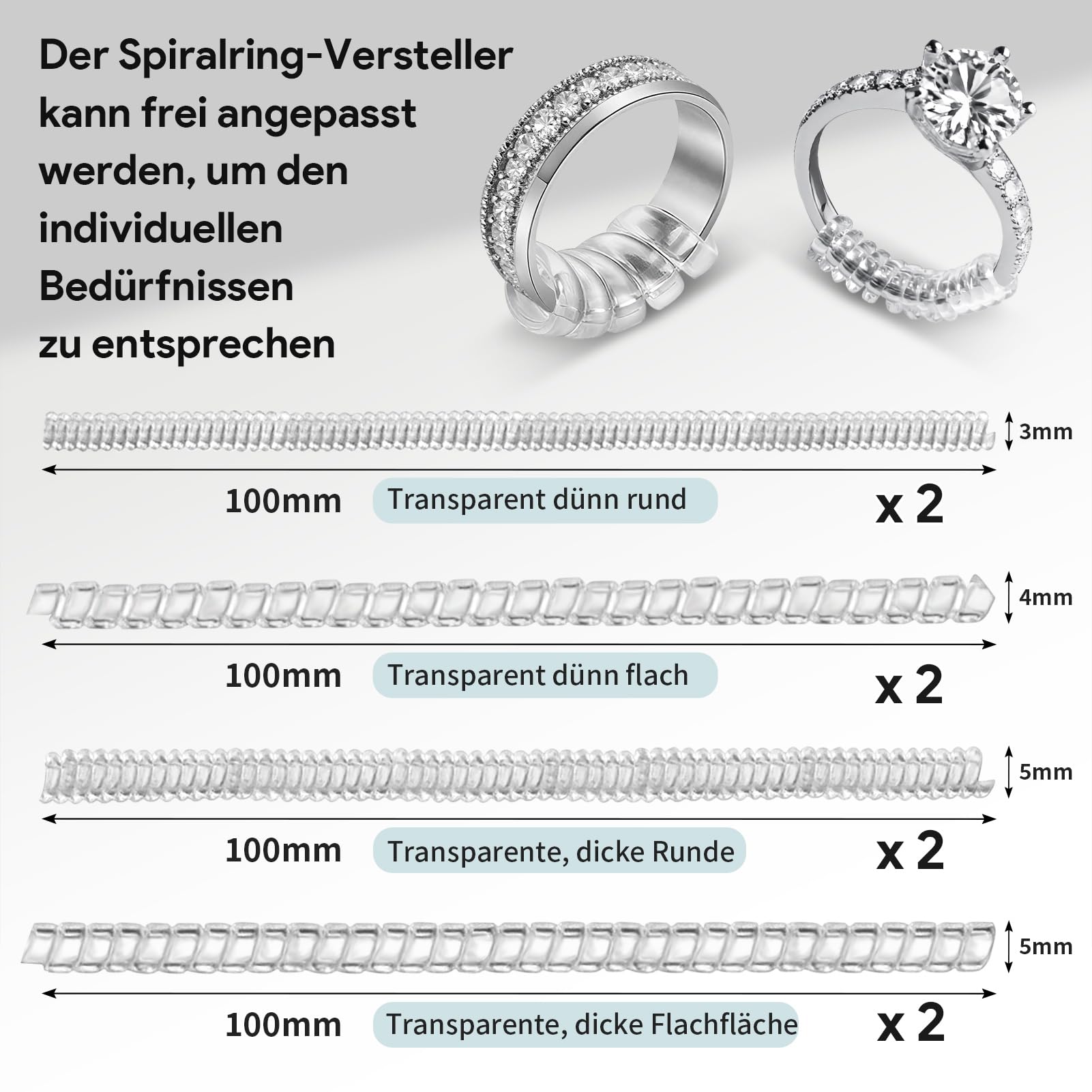 25 Stück Ringgrößenversteller für lose Ringe, 16 Stück Ringgrößenversteller umfassen 8 Verschiedene Größen und 8 spiralförmigen Ringanpasser umfassen 4 verschiedenen Durchmessern erhältlich
