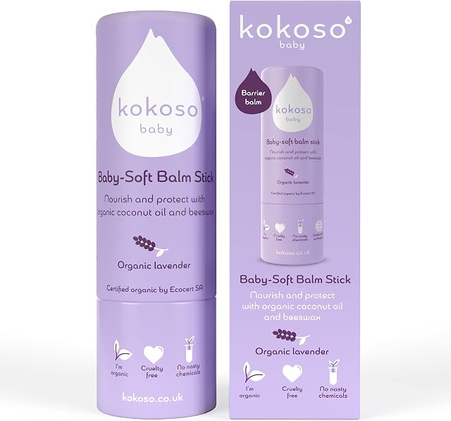 Kokoso - Baby Soft Balm Stick, Organic Lavender, Great for Dry Hands, Sore Lips and Chapped Cheeks, Protects Dribbly Chins and Soothes Dribble Rash, 100% Natural & Organic Ingredients, 13g
