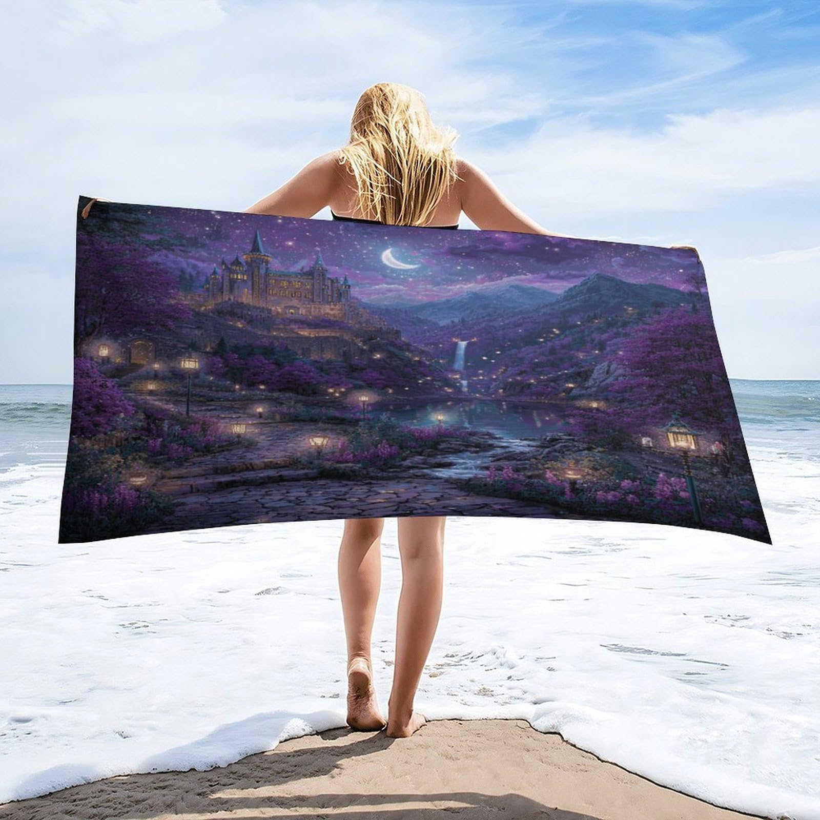 Luyysky Colorful Abstract Fantasy Castle Quick-Drying Beach Towel, Retro Classic Moon Starry Sky Galaxy Lake Plant Flowers Travel Vacation Single Sided Pile Bathroom Towels-80 W Cm X 160" L Cm