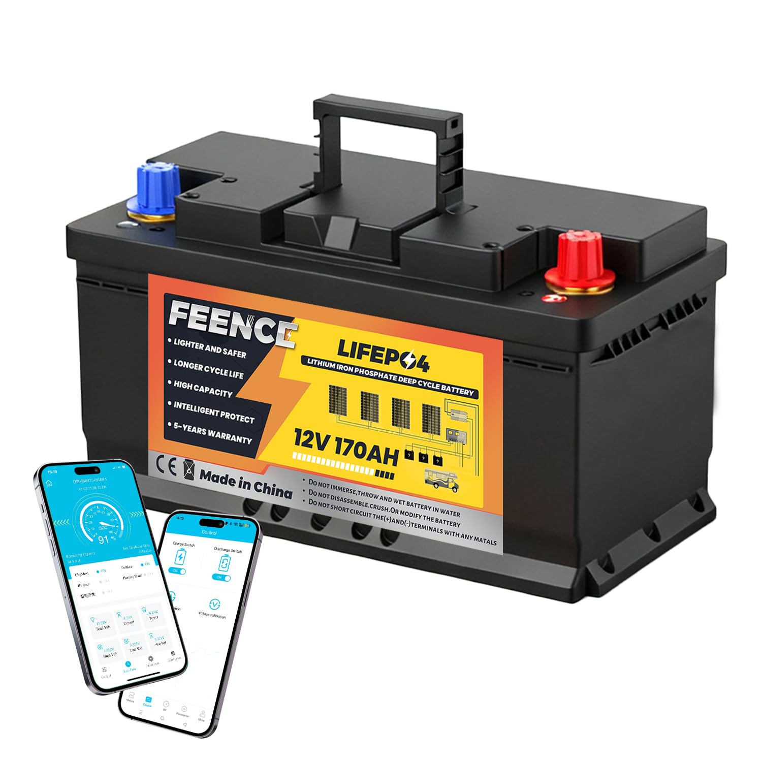LiFePO4 170Ah Bluetooth, batteria al litio 12V 170Ah con protezione BMS a bassa temperatura e Max. 15000 cicli, batteria per auto da 2176 Wh per camper, barca, pannello solare