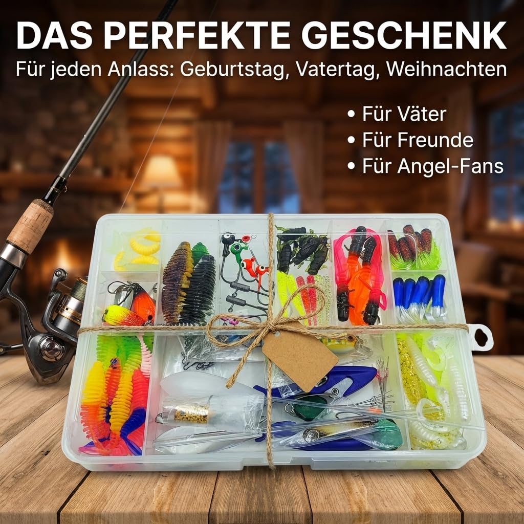 Forellen Angel Set Köder Sortiment Box 126 Teile Komplettset, Spoons Wobbler Spirolino Wirbel Gummiköder | Perfektes Angel Geschenk für Angler | Gummi Forellen Köder Set