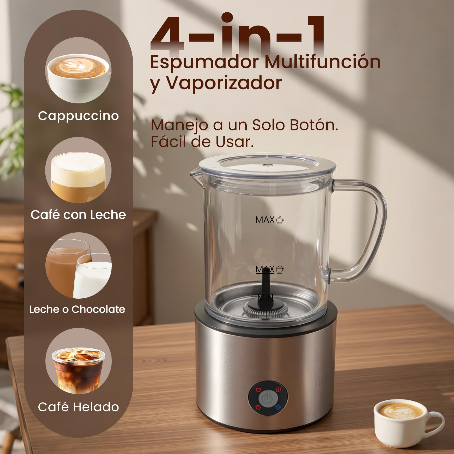 Espumador de Leche 4 en 1, Calienta leche Espumador Electrico 500ml Silenciosa, Calentador de Leche Inducción Automáticas con Desmontable Vaso de Vidrio, para Capuchino, Chocolate