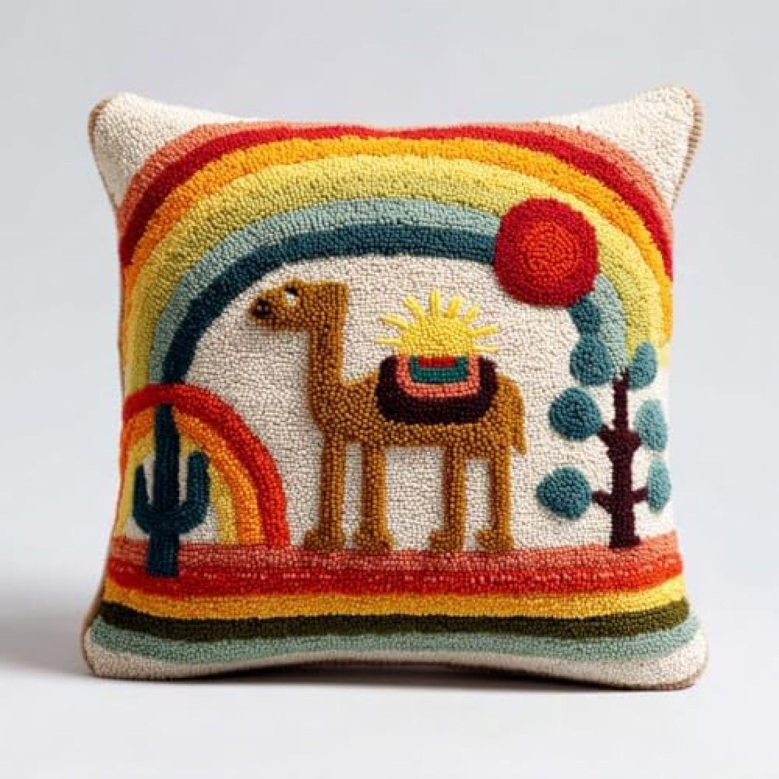 kitphoenix Adults Latch Hook Craft Kit,Camel and Rainbow,Cushion Cover Making Kit with Yarn and Hook,DIY Embroidery Pillow Cover Set,43x43 cm