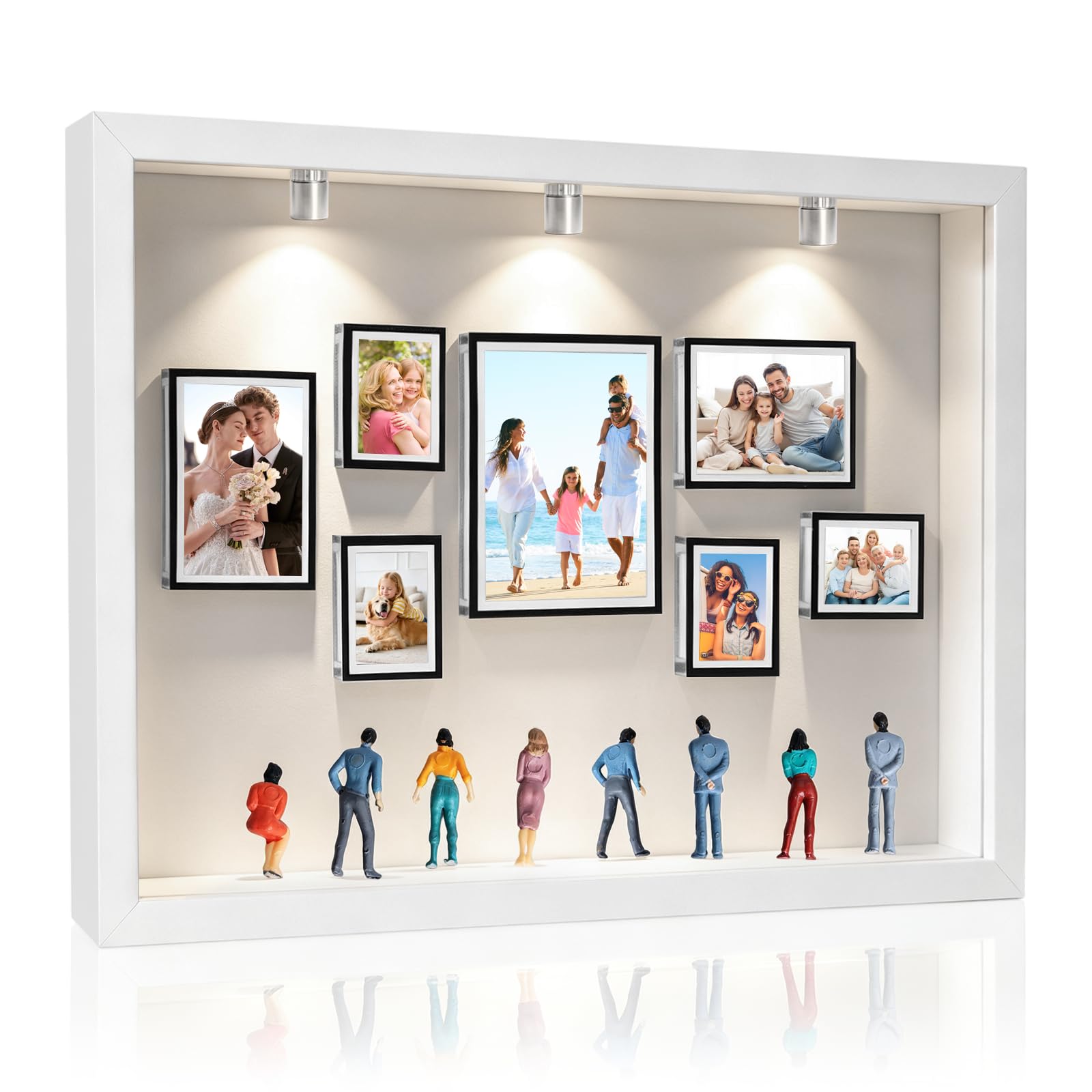 Mini muzeum "zrób to sam", miniaturowe figurki 3D, muzeum, ramka na zdjęcia z 7 mini ramkami, 8 miniaturowych osób, 3 diody LED, drewniana rama biała, na urodziny, rocznicę, zakończenie szkoły