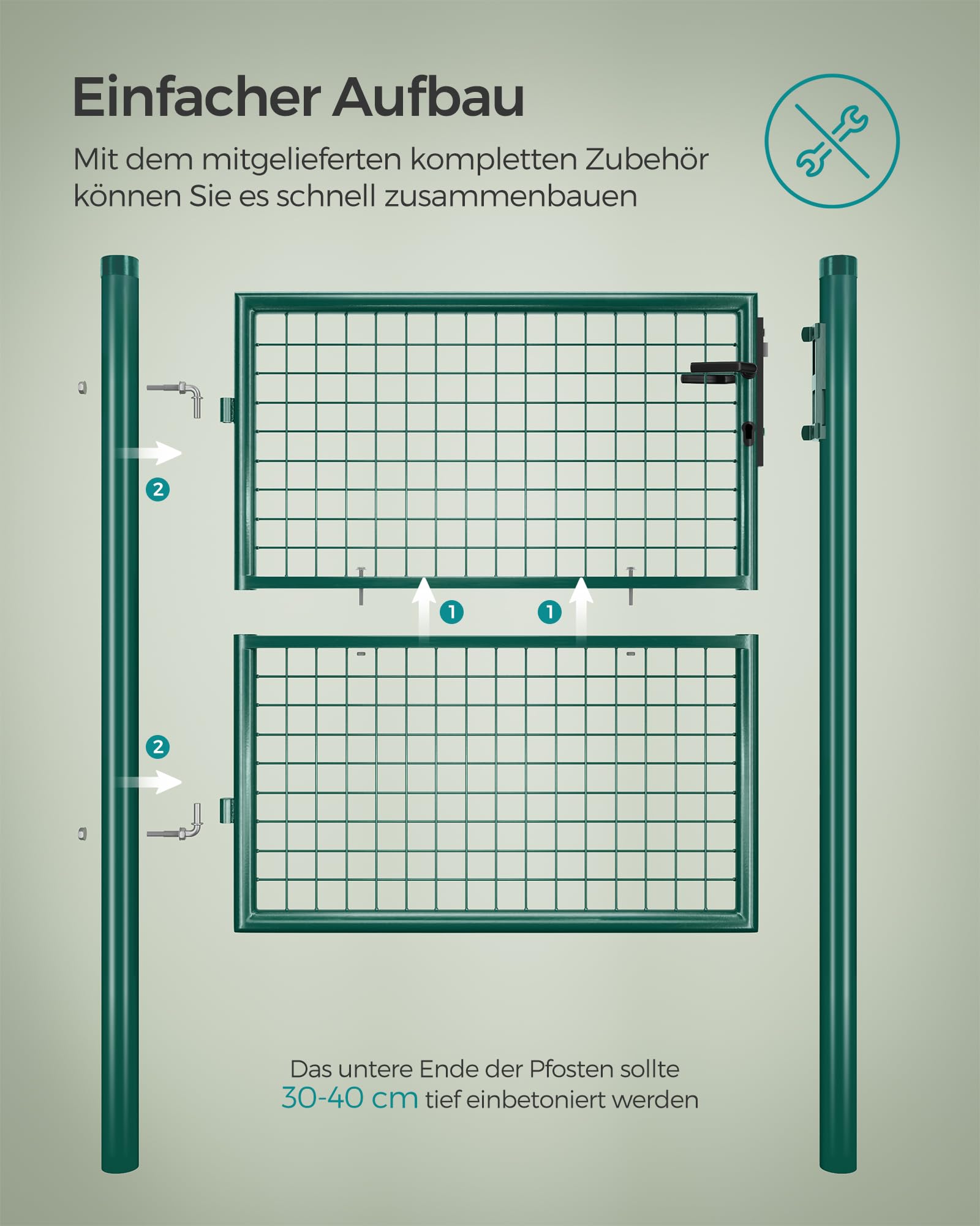 SONGMICS Gartentor, Gartentür, verzinkter Stahl, robust und langlebig, abschließbar, rundes Rohr, Tür 87 x 100 cm, 106 x 100 cm (B x H), grün GGD150G01