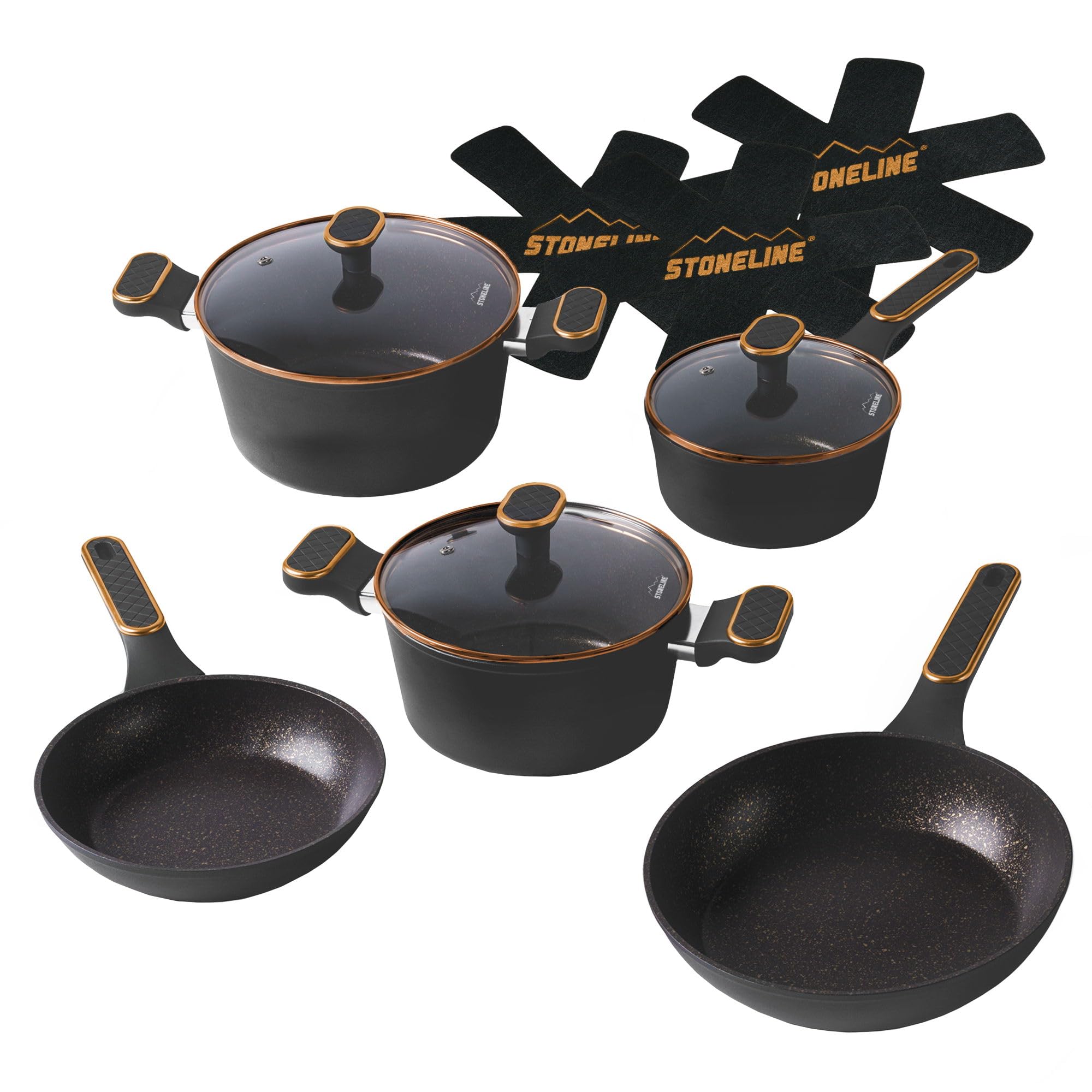 STONELINE Kookgerei Set 11-delig 18/20/24 cm Set Pannen en Kookpotten met Deksel, Kookpan Koekenpan Inductie Anti-aanbaklaag met echte Steenpartikels, Voor Alle Fornuissoorten, Kleur: Crème