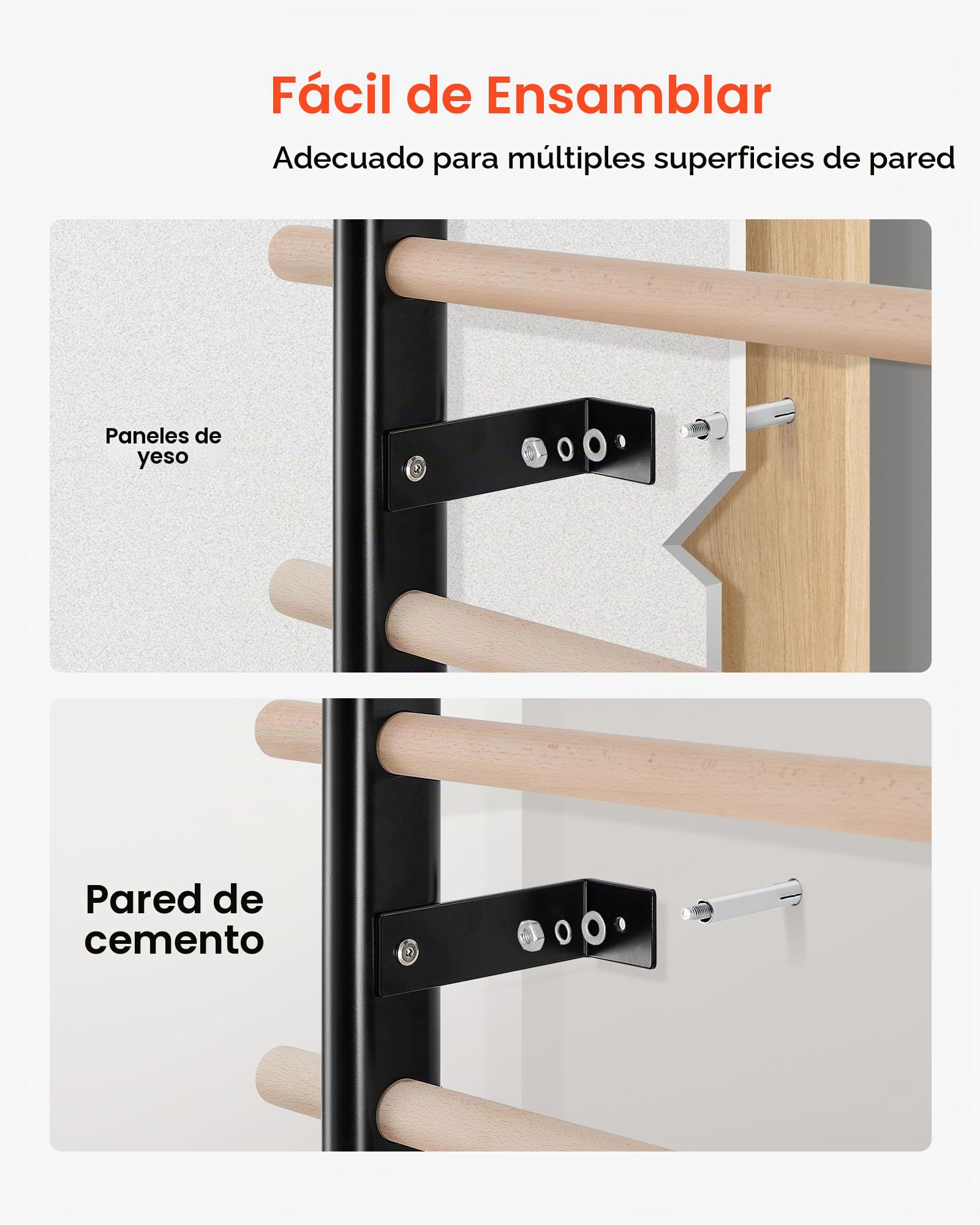 VEVOR Escalera Sueca de Gimnasio con Barras de Madera Maciza 9 Niveles Juego de Entrenamiento con Espaldera para Interior Capacidad de 150 kg Montaje de Pared para Hogar, Estudio de Baile, Gimnasio