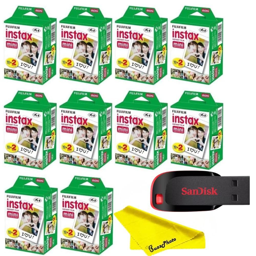 Fujifilm Instax Mini Instant Camera Film with Sandisk 32 GB USB Flash Drive + 10 x Mini Twin Packs (200 Sheets) and Buzz-Photo Microfiber Cleaning Cloth