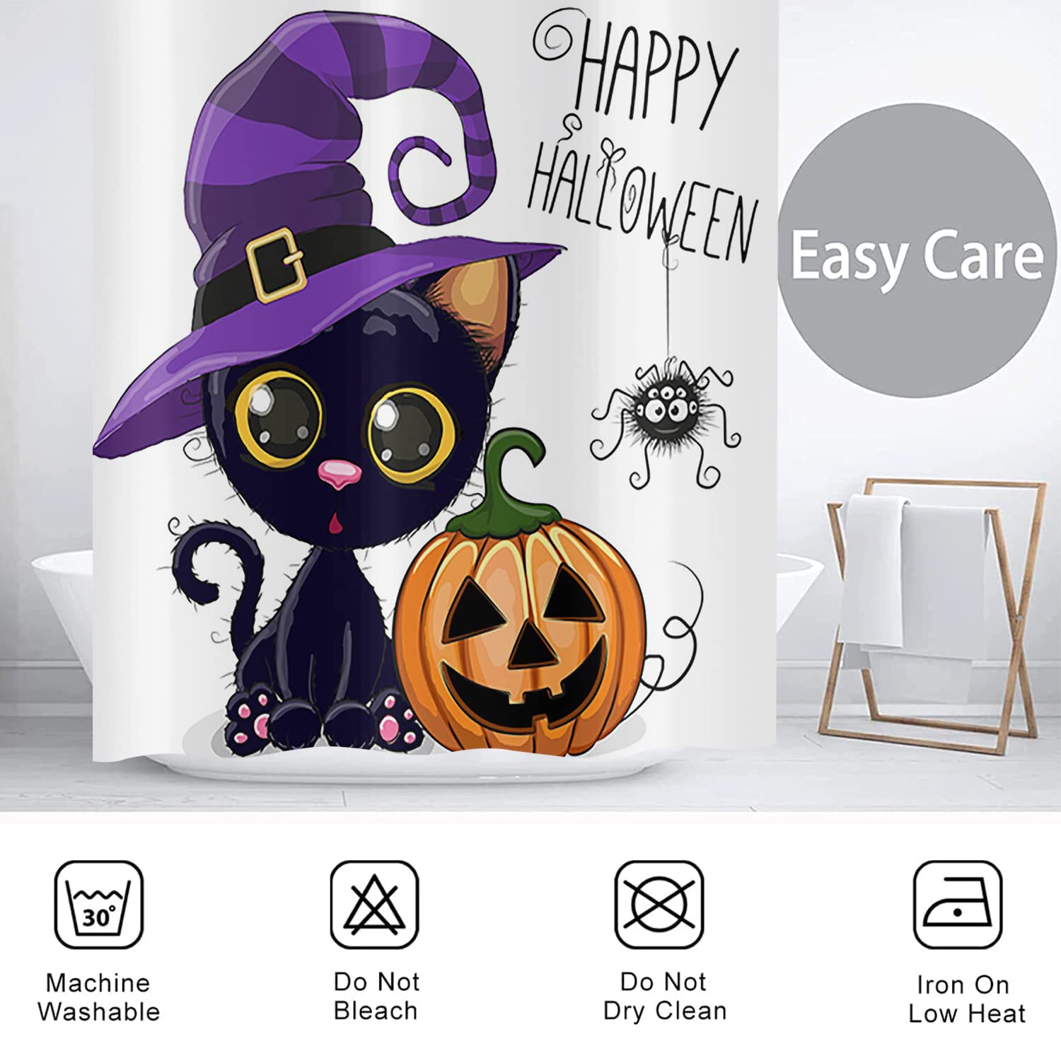 Tenda da doccia Halloween 165x180, divertente gatto nero strega cappello ragno fantasma zucca bambini vacanza tenda da bagno impermeabile poliestere tessuto lavabile tenda da bagno con ganci