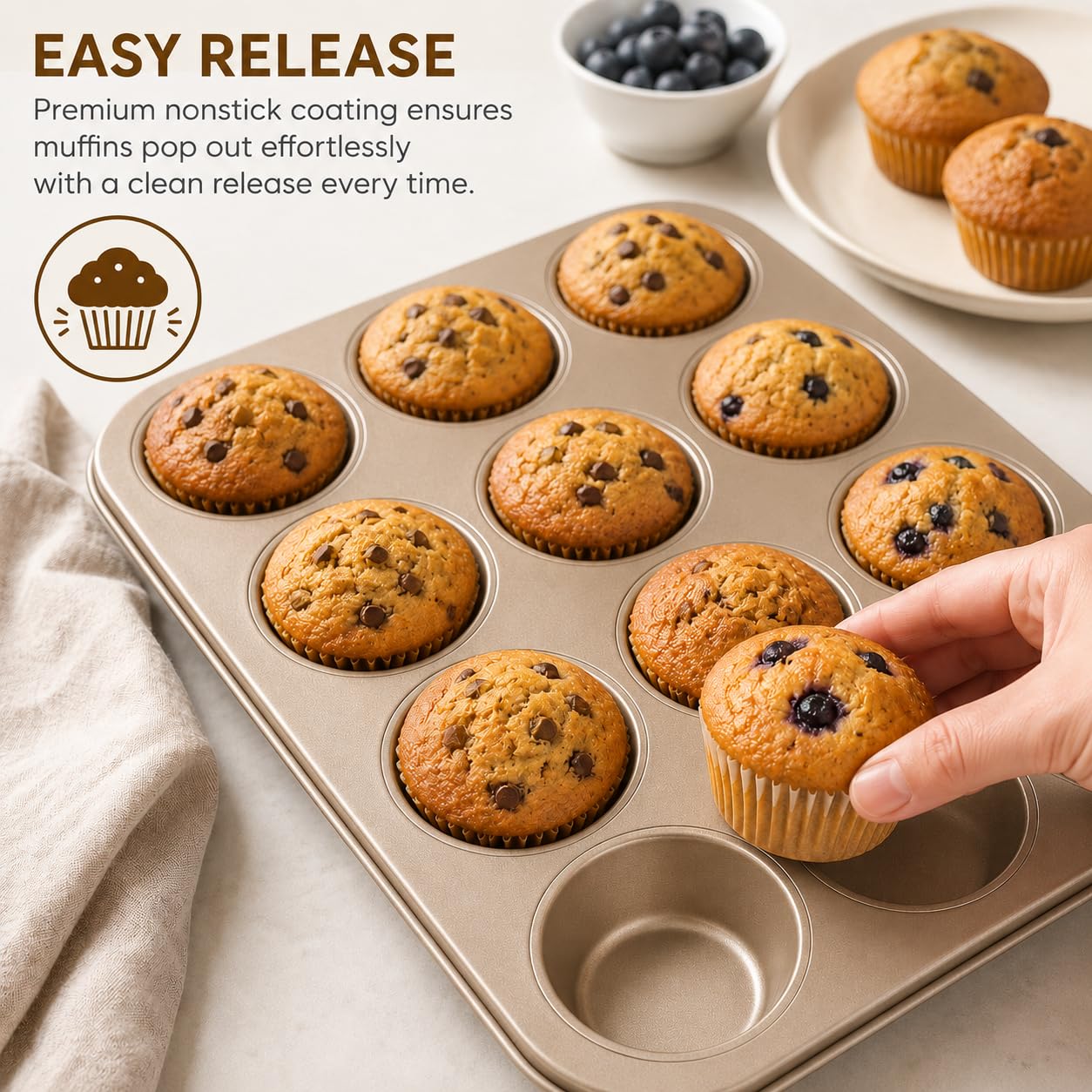 Juego De 2 Moldes Para Muffins De 12 Tazas, Bandeja Para Hornear Magdalenas,Lata Para Muffins De 12 Cavidades Para Horno, Moldes Para Pasteles De Taza Aptos Para Lavavajillas (Oro)