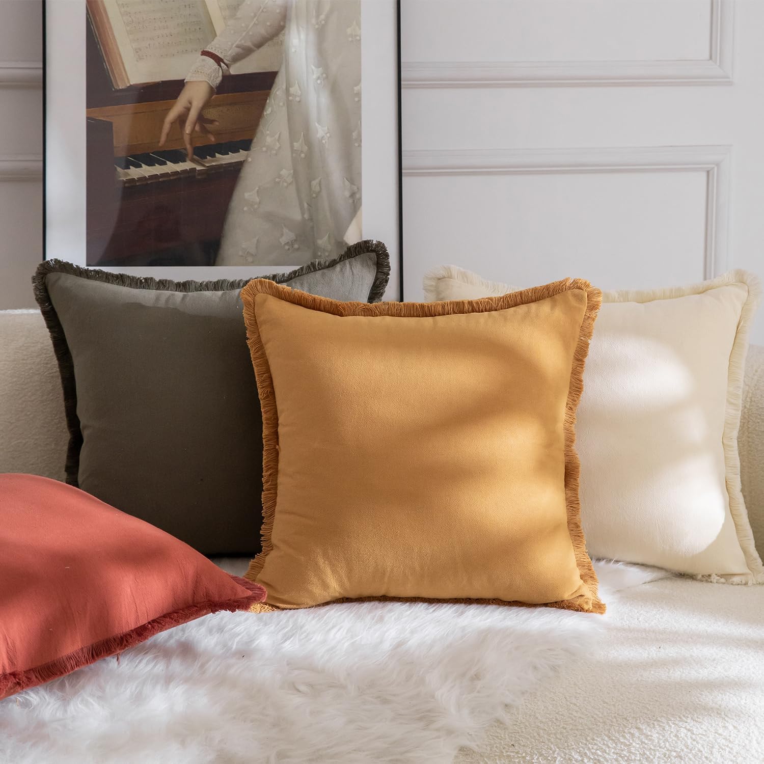 MANDIOO Set of 2 Neutral Cotton Fringe Throw Pillow Covers Decorative Boho Farmhouse Cushion Covers Cozy Tassels Pillowcase for Couch Sofa Bedroom Living Room Home Decor 22x22 Inch Olive Green