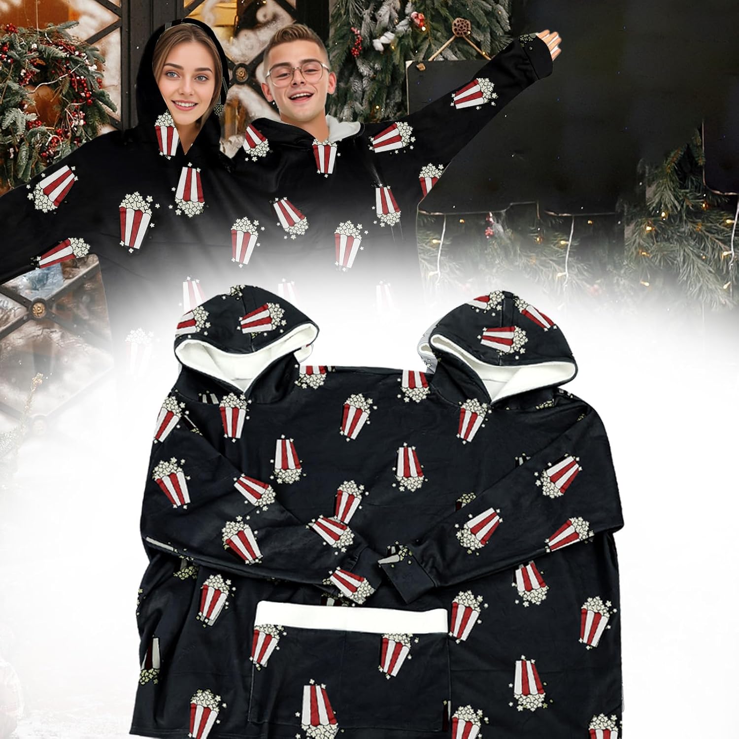 Couples Pajamas Adult Funny Popcorn Flannel Oversized Matching Hoodies with Pocket Halloween Cosplay Sweatshirt