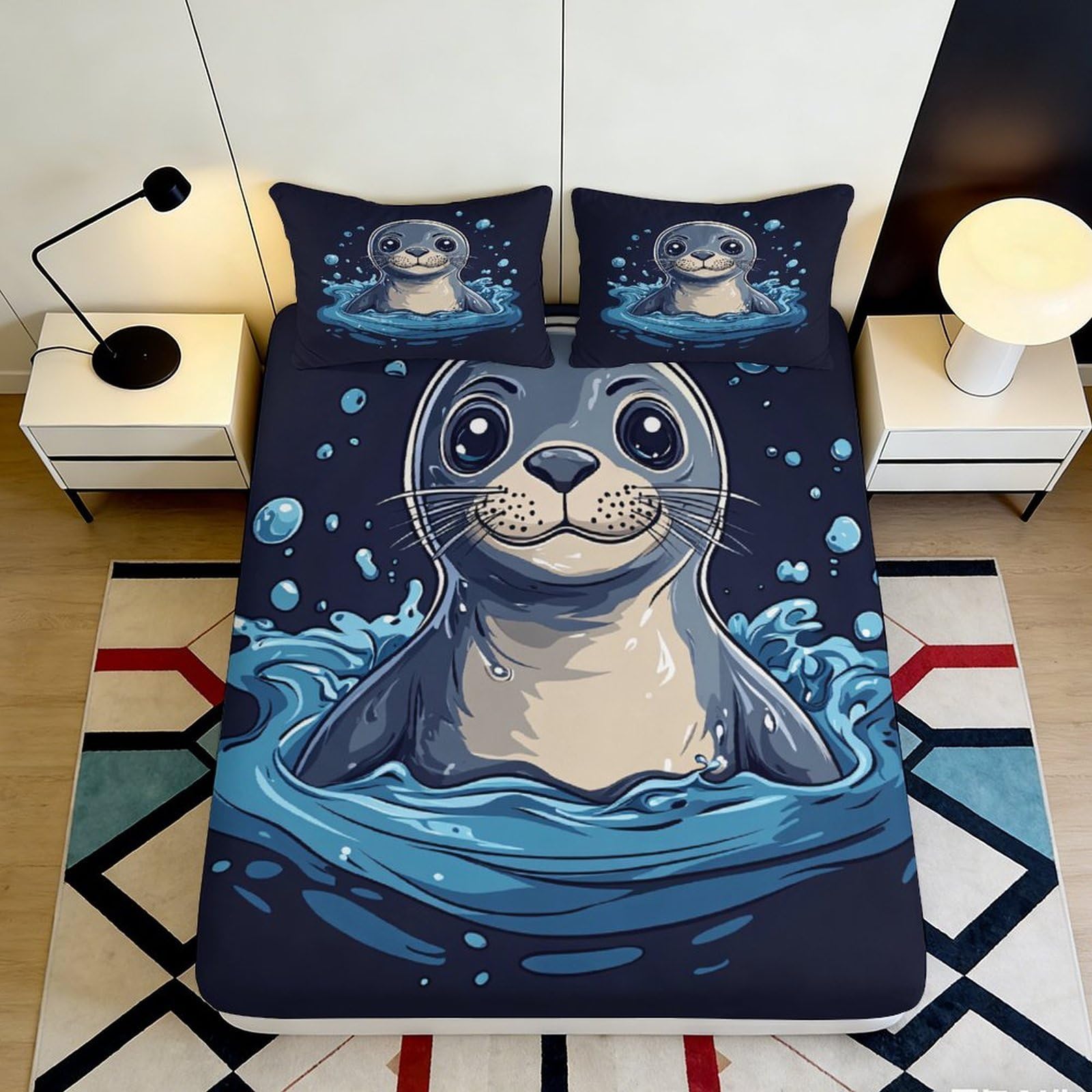 3D Printed Cartoon Seal Fitted Sheet Microfiber Non-Slip Deep Pocket Cartoon Seal Mattress Fitted Cover for Bedroom Adult Youth Washable 180x200x25cm